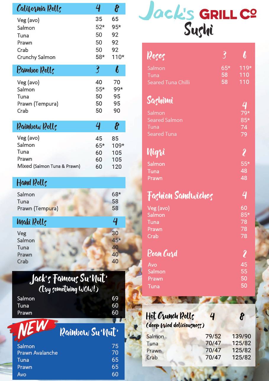 Menu at Jack's Grill Co restaurant, Durban