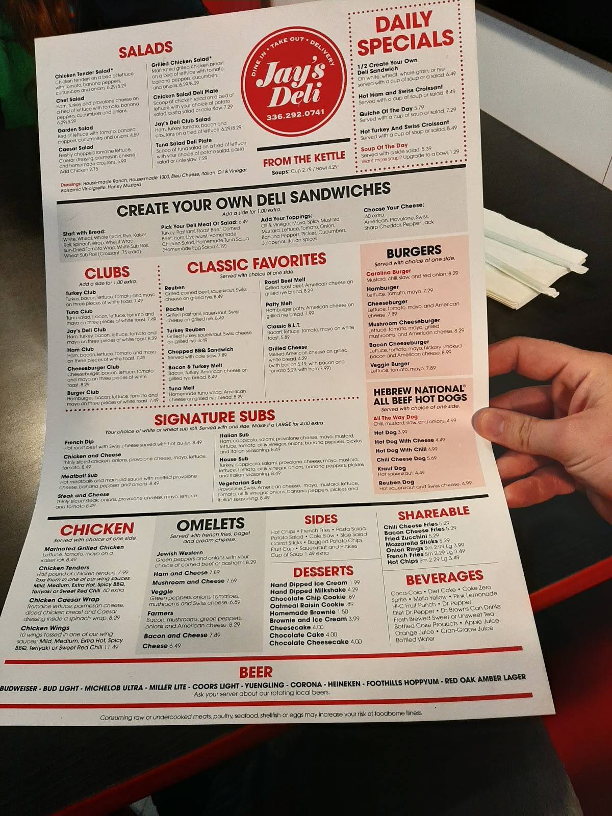 Menu at Jay's Deli restaurant, Greensboro
