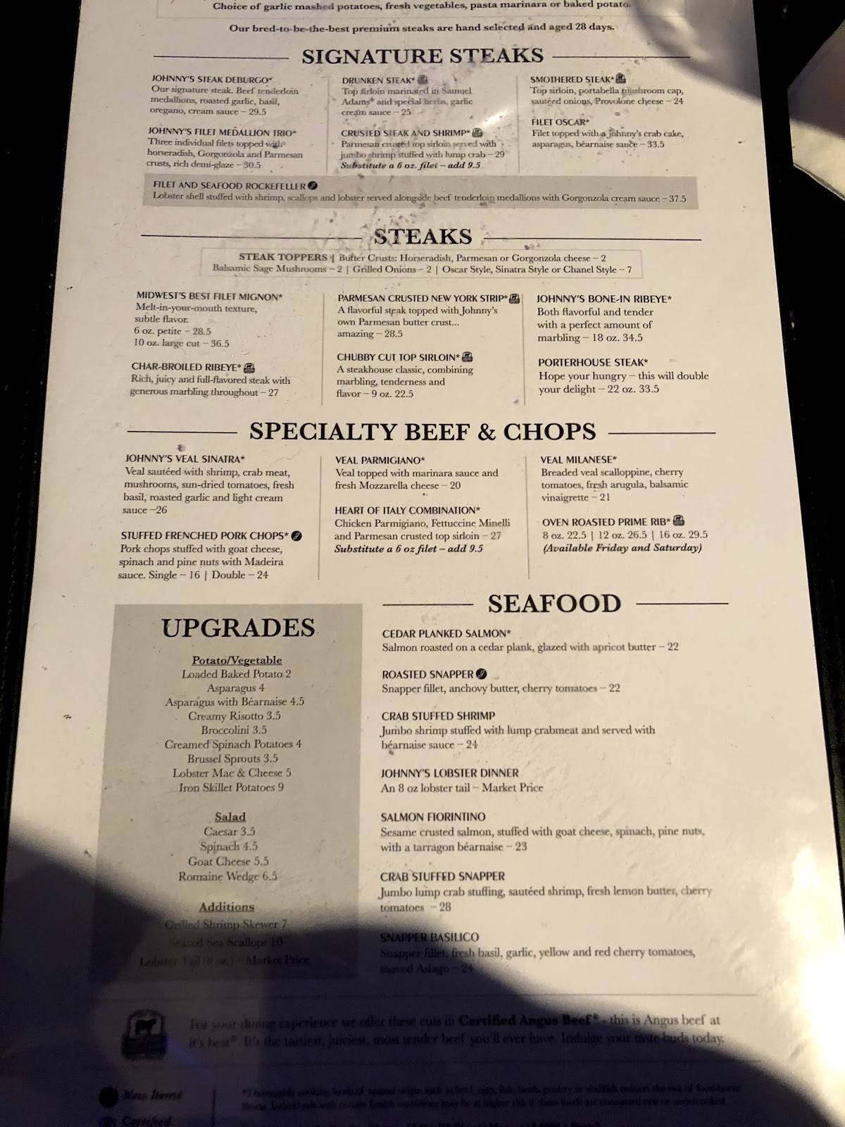 Menu at Johnny's Italian Steakhouse, Moline