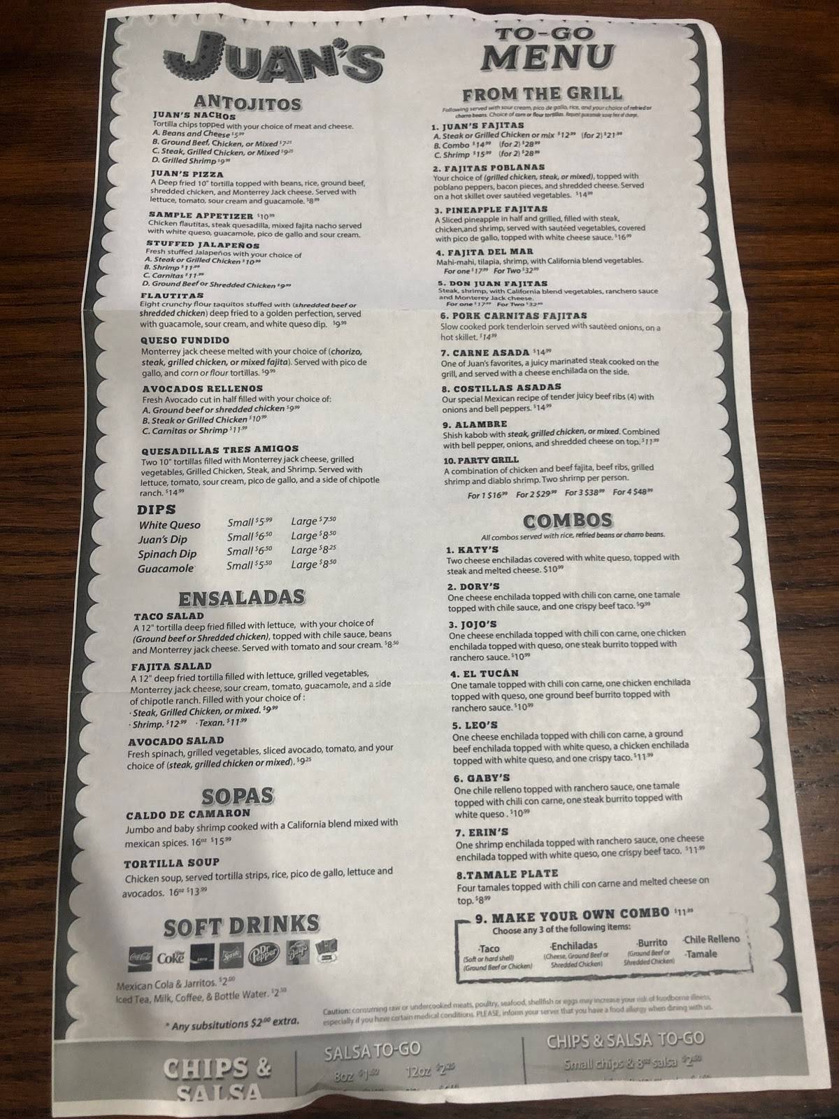 Menu at Juan Tequila's restaurant, Long Beach, 306 Beach Blvd E