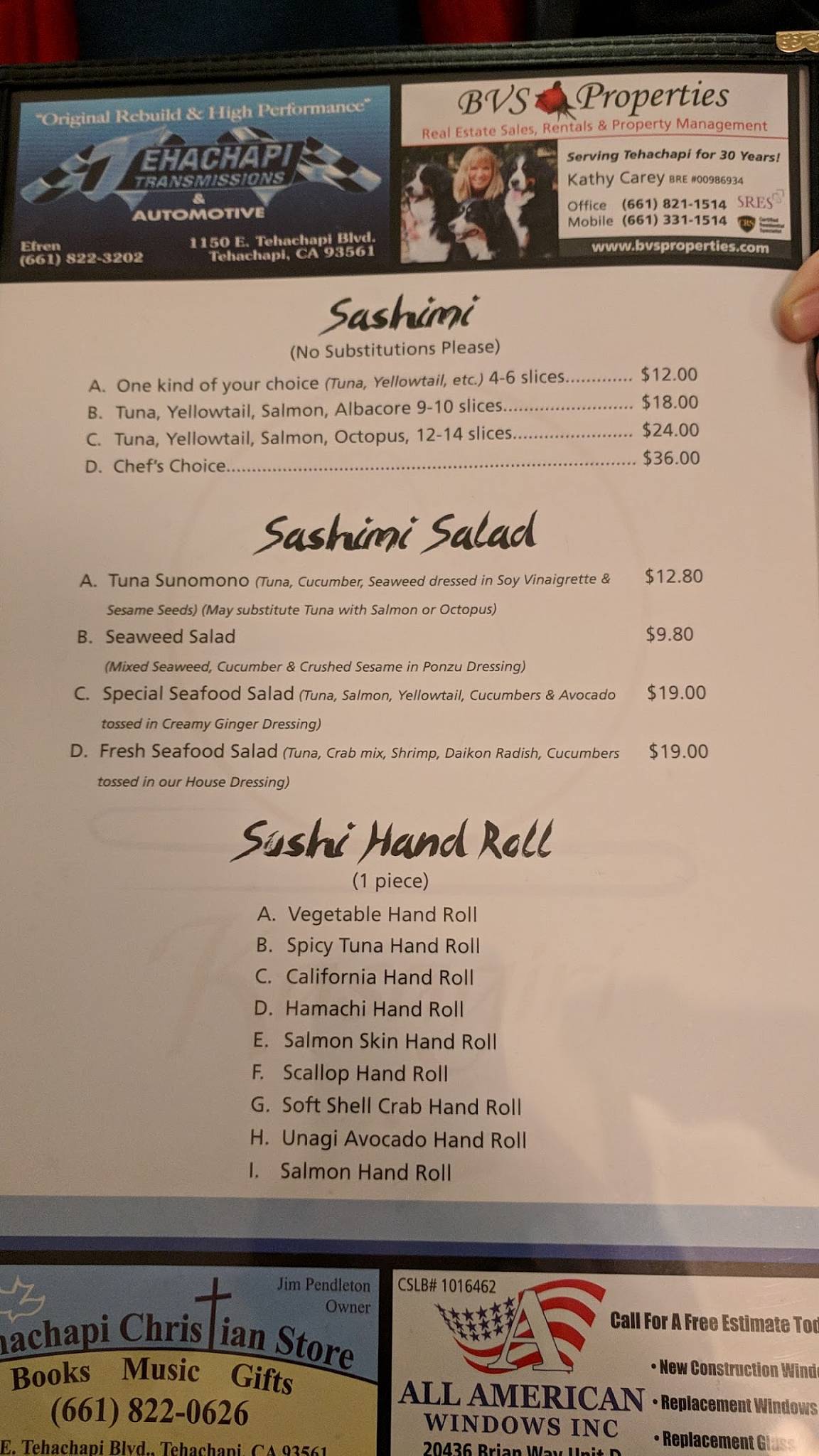 Menu at Kasagiri Restaurant, Tehachapi