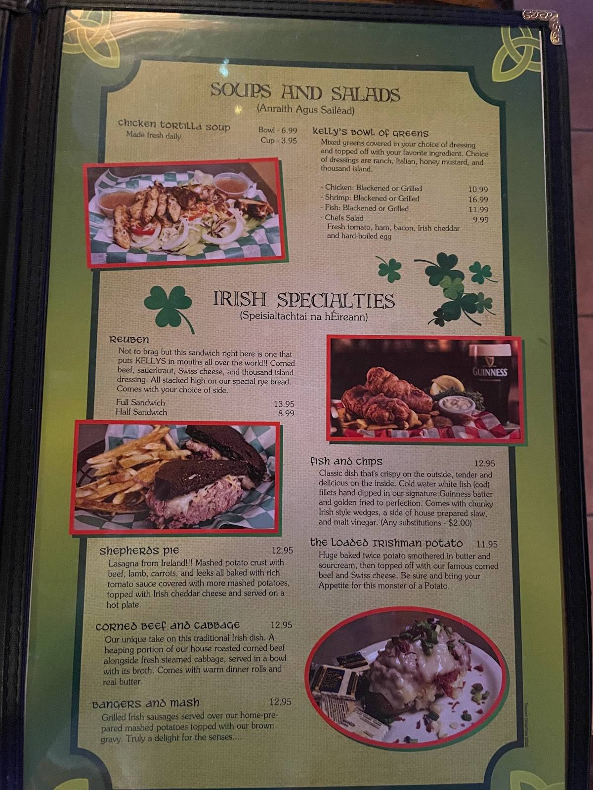 Menu at Kellys Irish Pub, South Padre Island