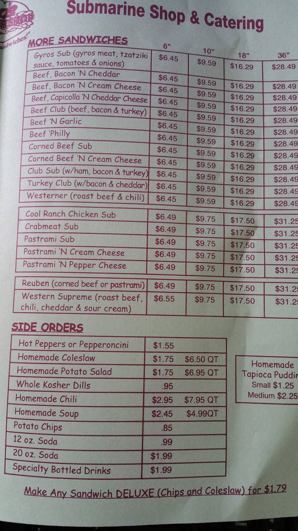 Menu at Leno's Sandwich Shop fast food, Waukegan
