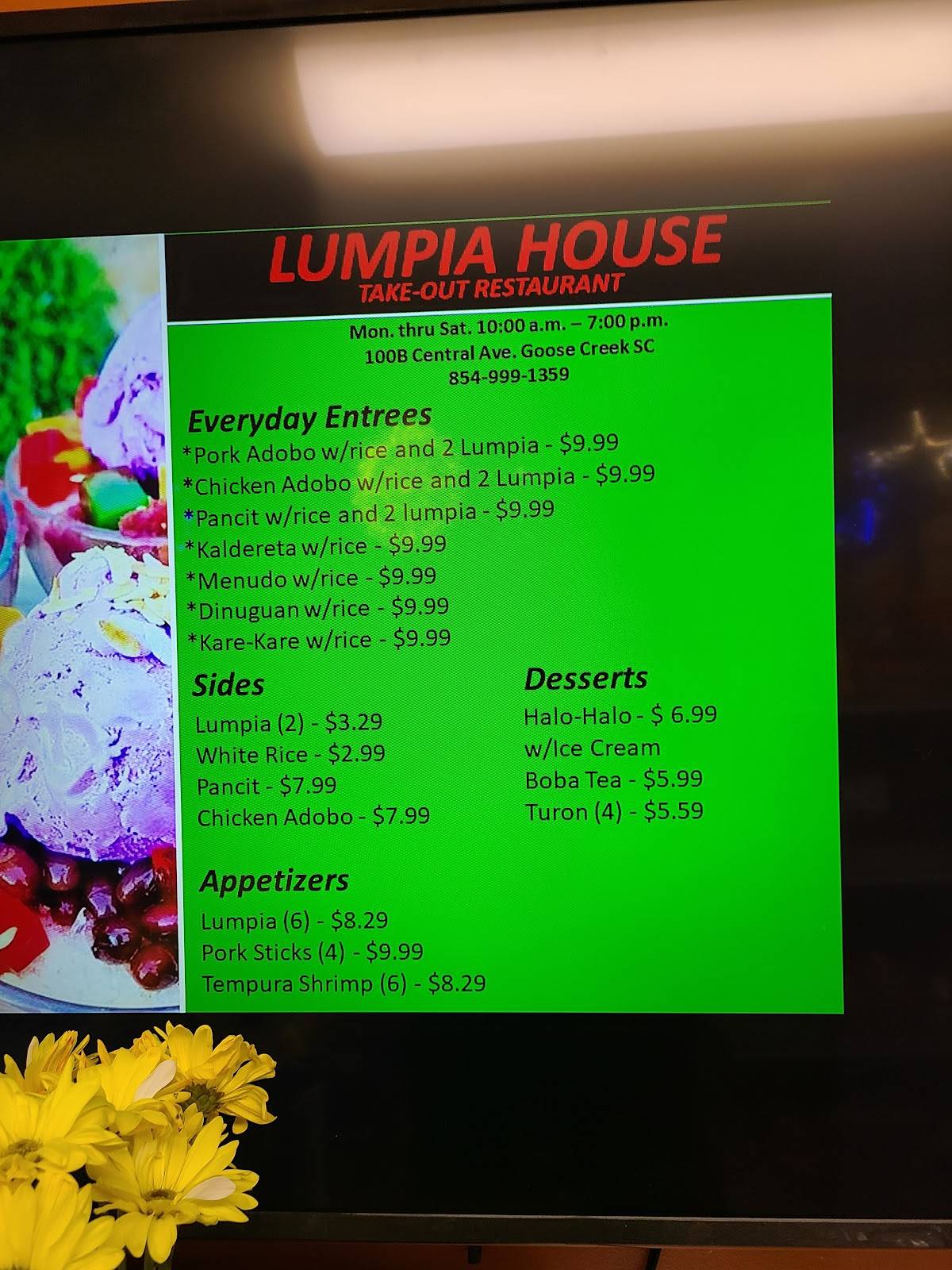 Menu at Lumpia House restaurant, Goose Creek