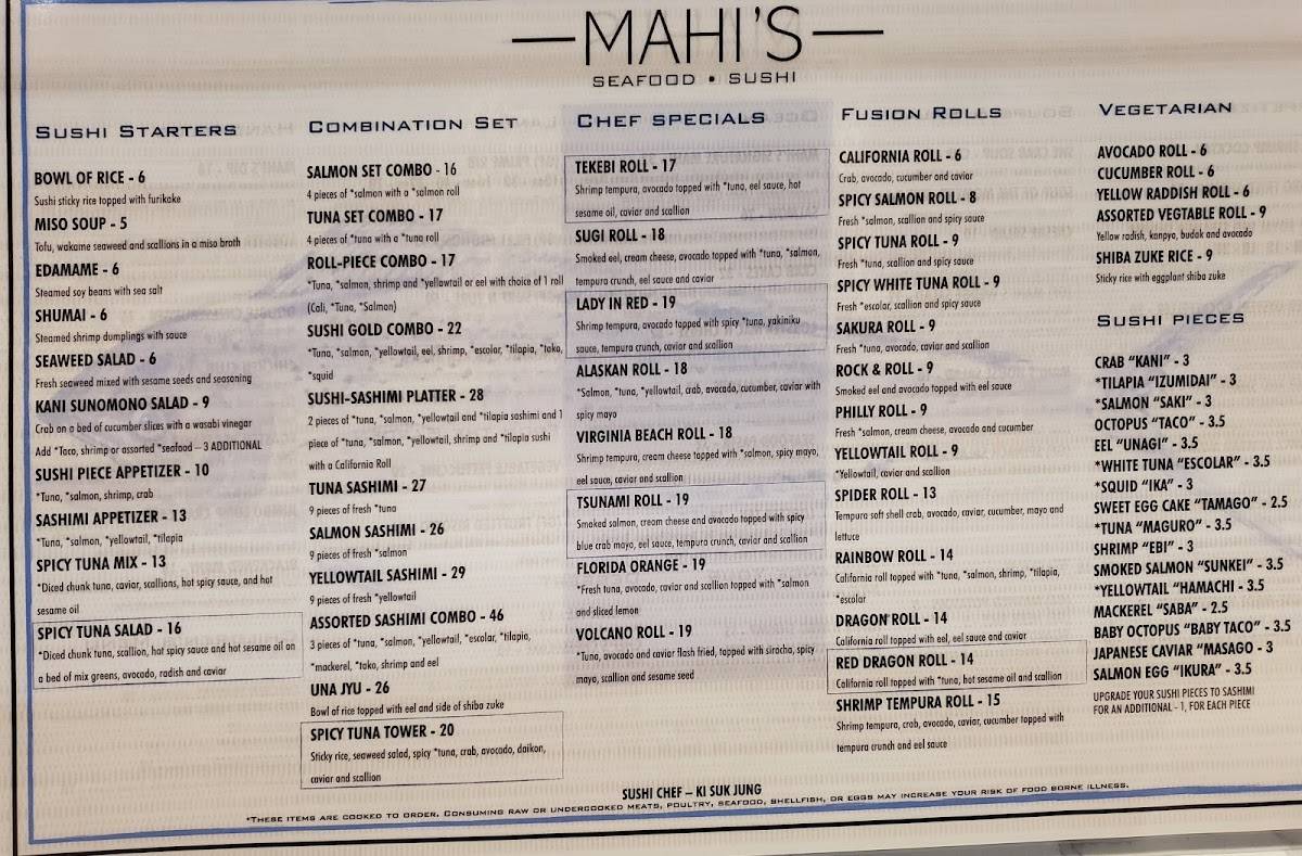 Menu at Mahi's restaurant, Virginia Beach