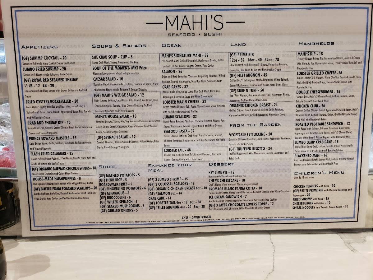 Menu at Mahi's restaurant, Virginia Beach