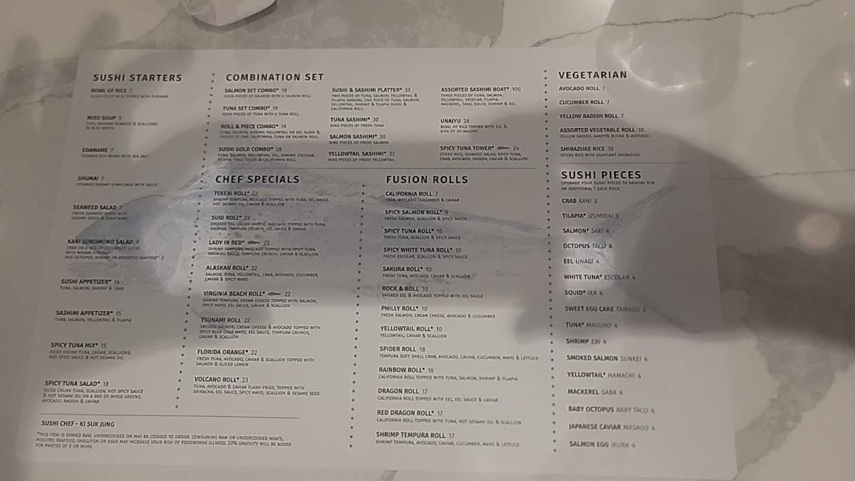 Menu at Mahi's restaurant, Virginia Beach