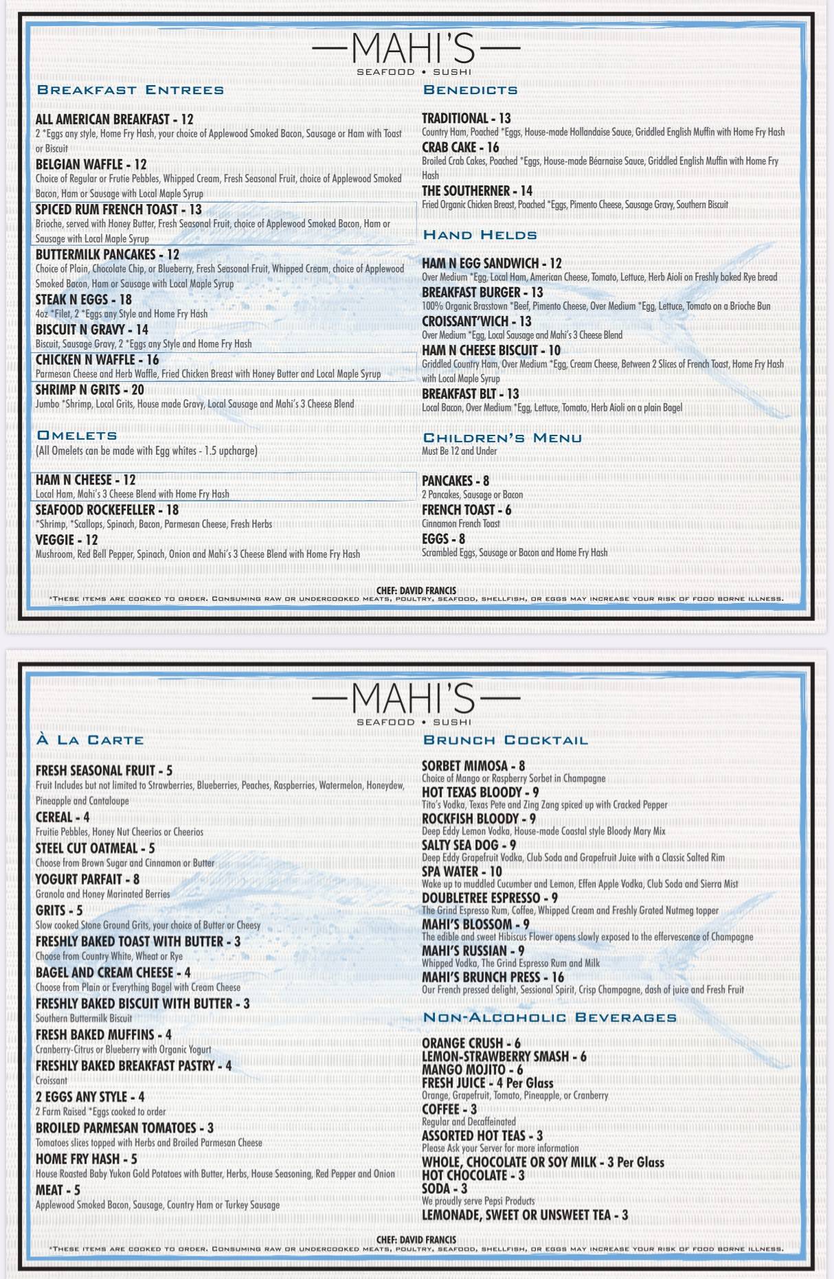 Menu at Mahi's restaurant, Virginia Beach