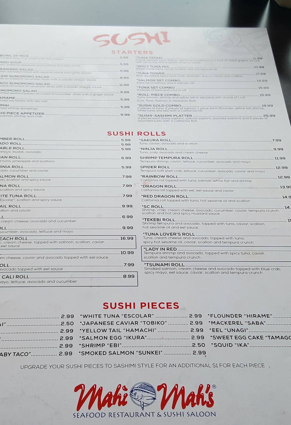 Menu at Mahi's restaurant, Virginia Beach