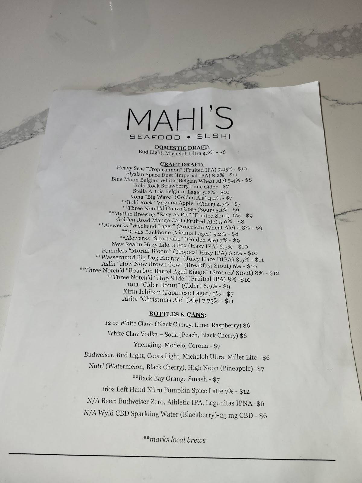 Menu at Mahi's restaurant, Virginia Beach