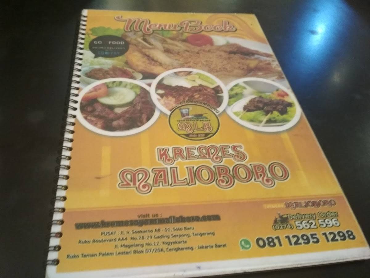 Menu at Malioboro Kremes Ayam Goreng restaurant, Yogyakarta