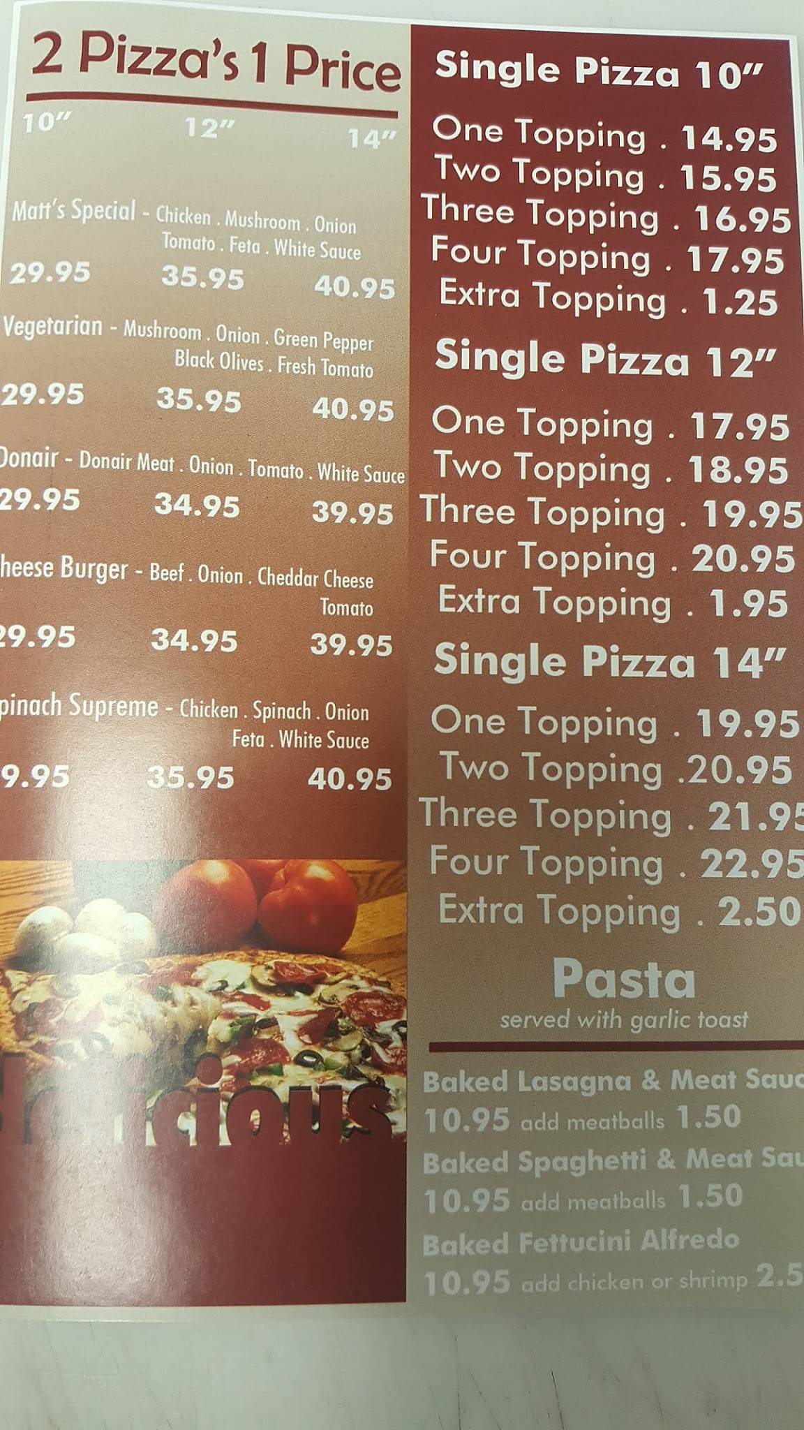 Menu at Matt's Pizza restaurant, Peace River