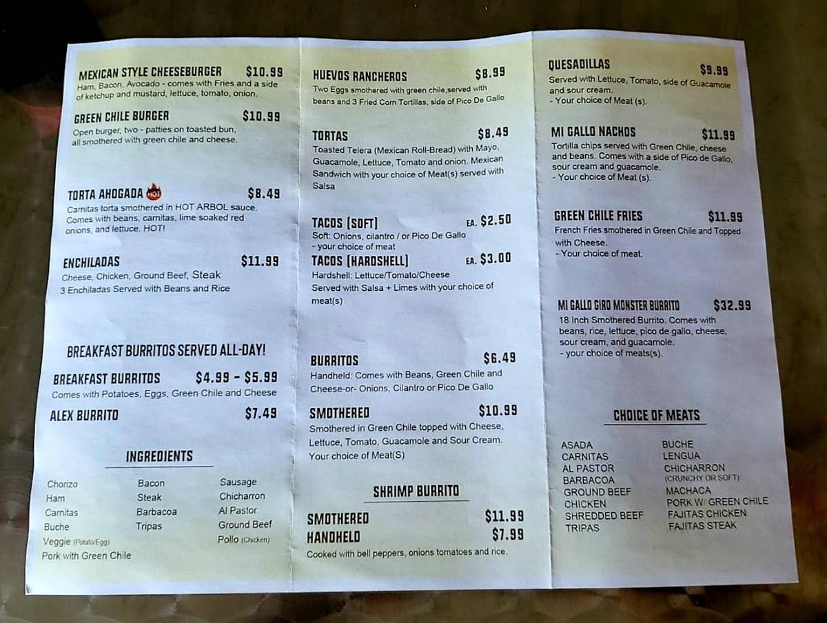 Menu at Mi Gallo Giro Mexican Restaurant, Evans