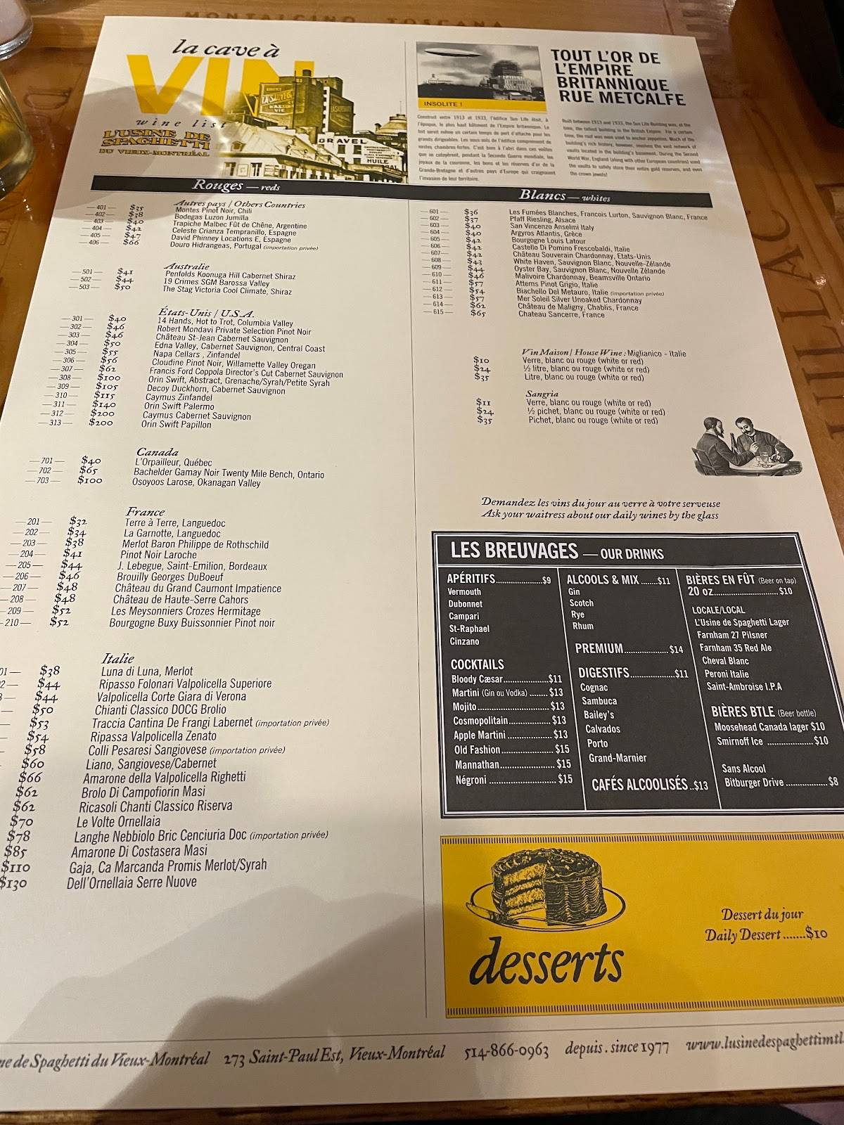 Menu at L'Usine de Spaghetti restaurant, Montréal