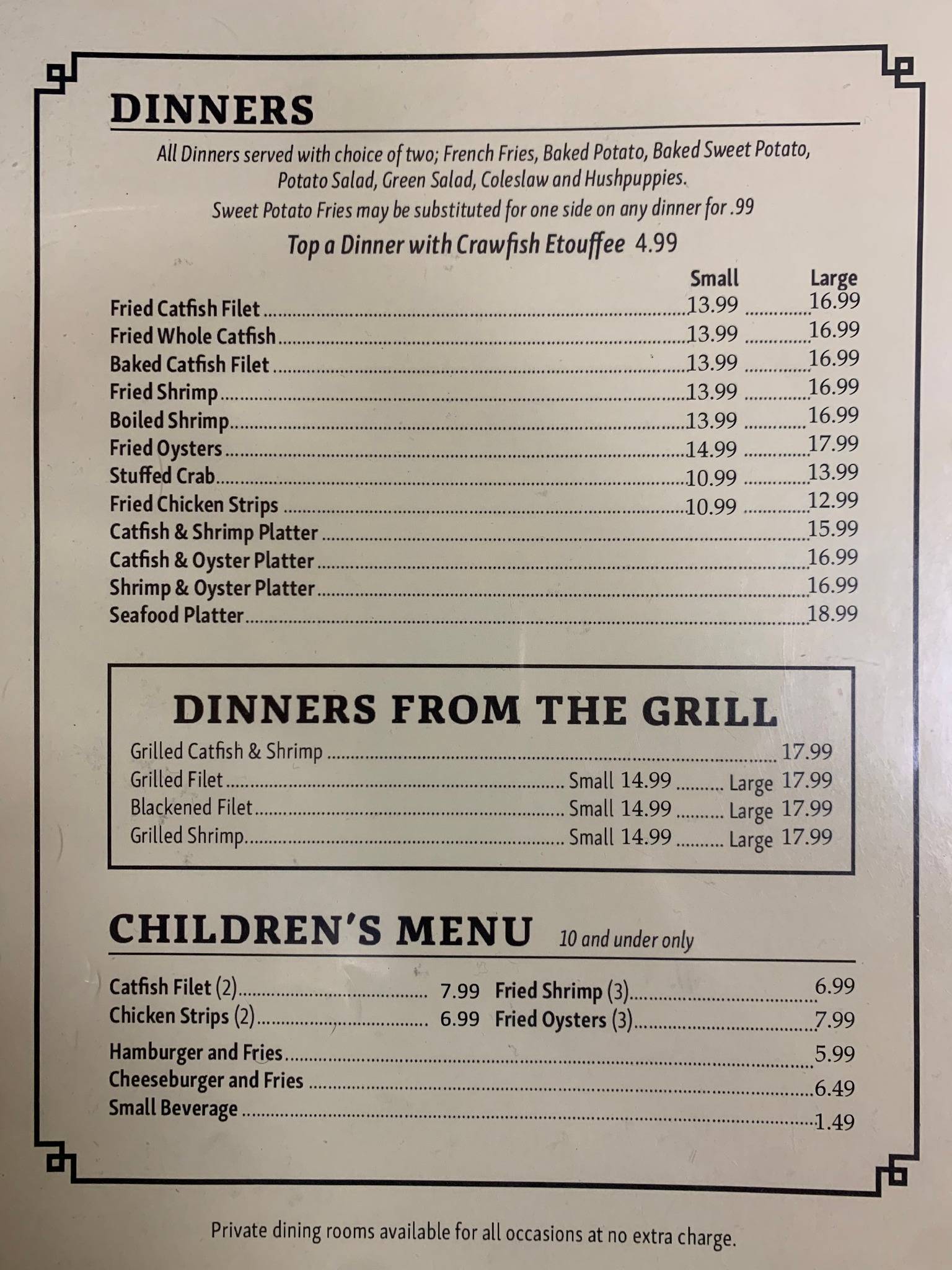 Menu at Mr Whiskers Family Catfish restaurant, McComb