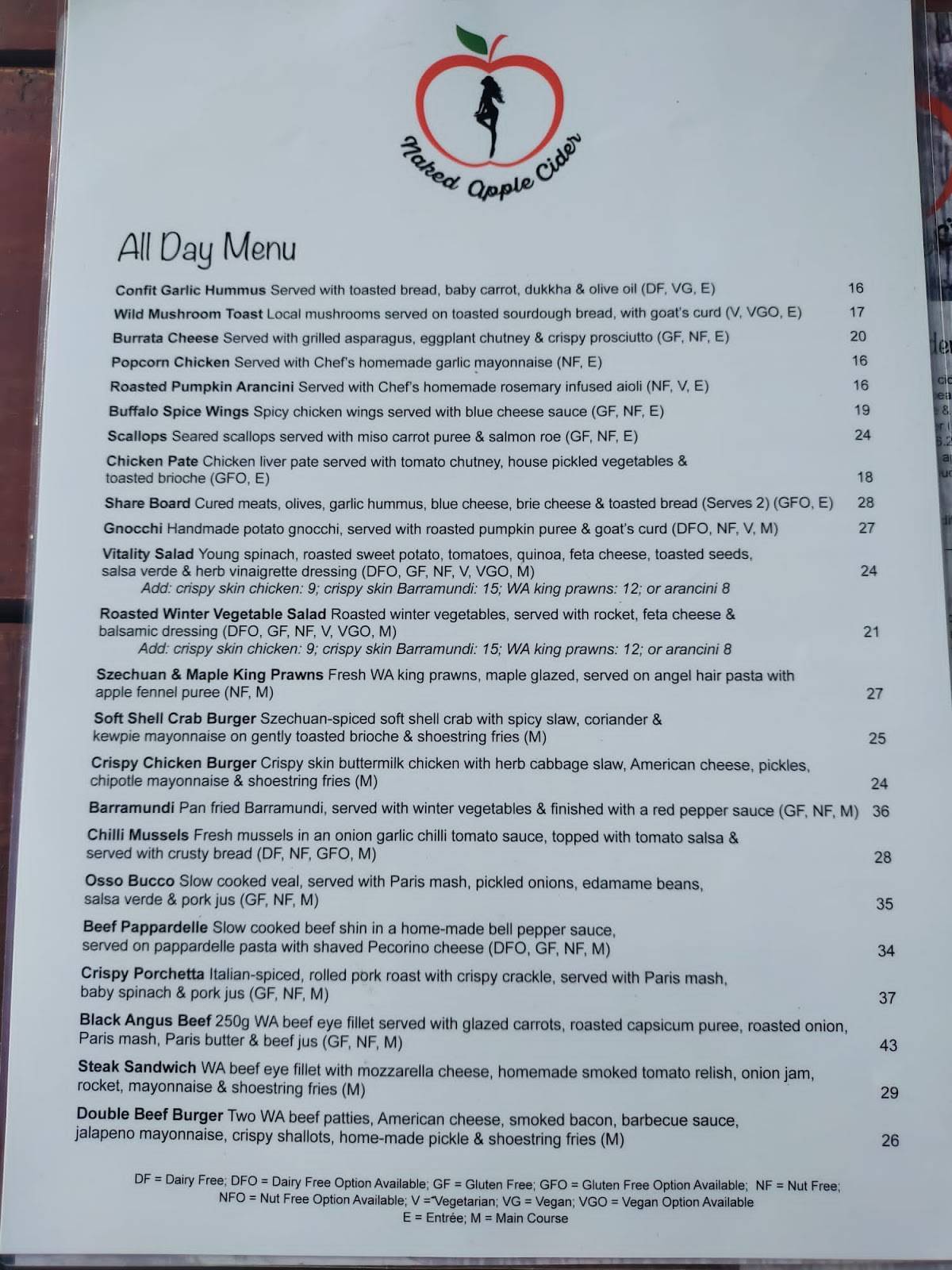 Menu at Naked Apple Cider House restaurant, Karragullen