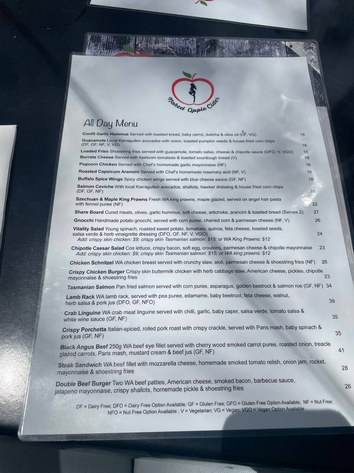 Menu at Naked Apple Cider House restaurant, Karragullen