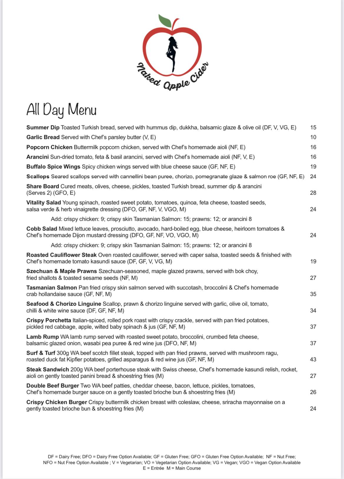 Menu at Naked Apple Cider House restaurant, Karragullen