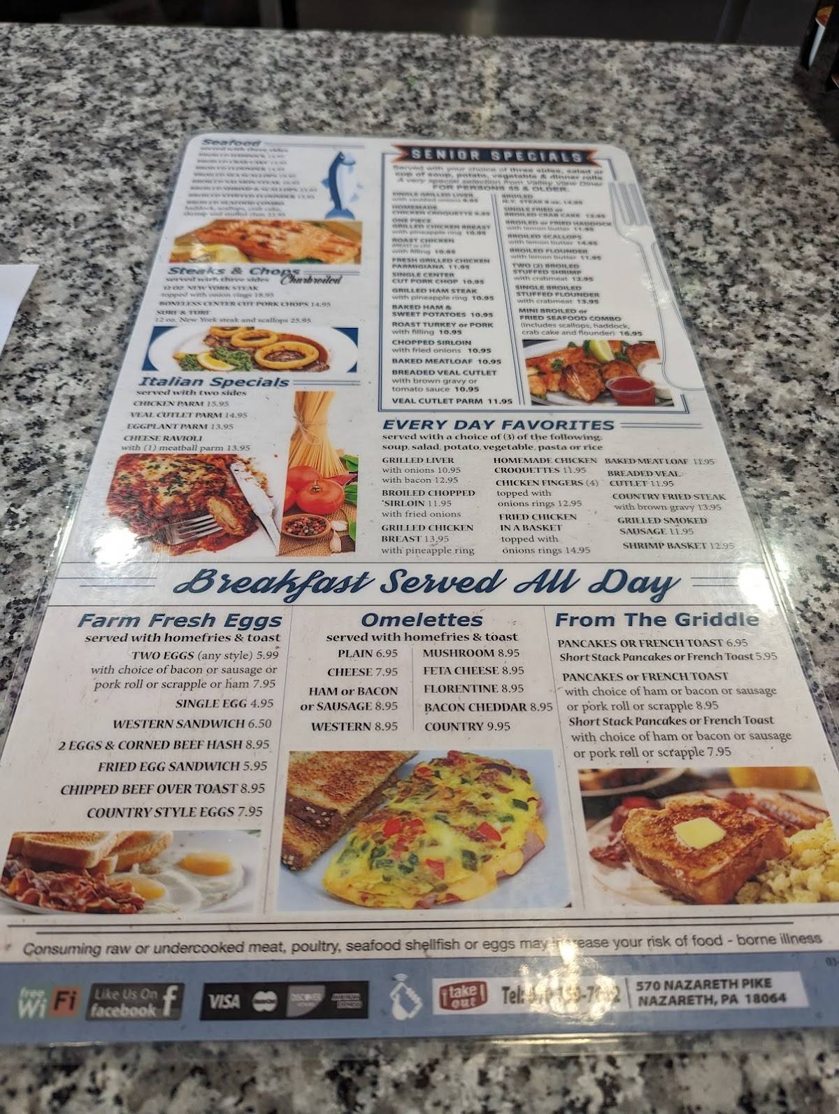 Menu at Valley View Diner restaurant, Nazareth