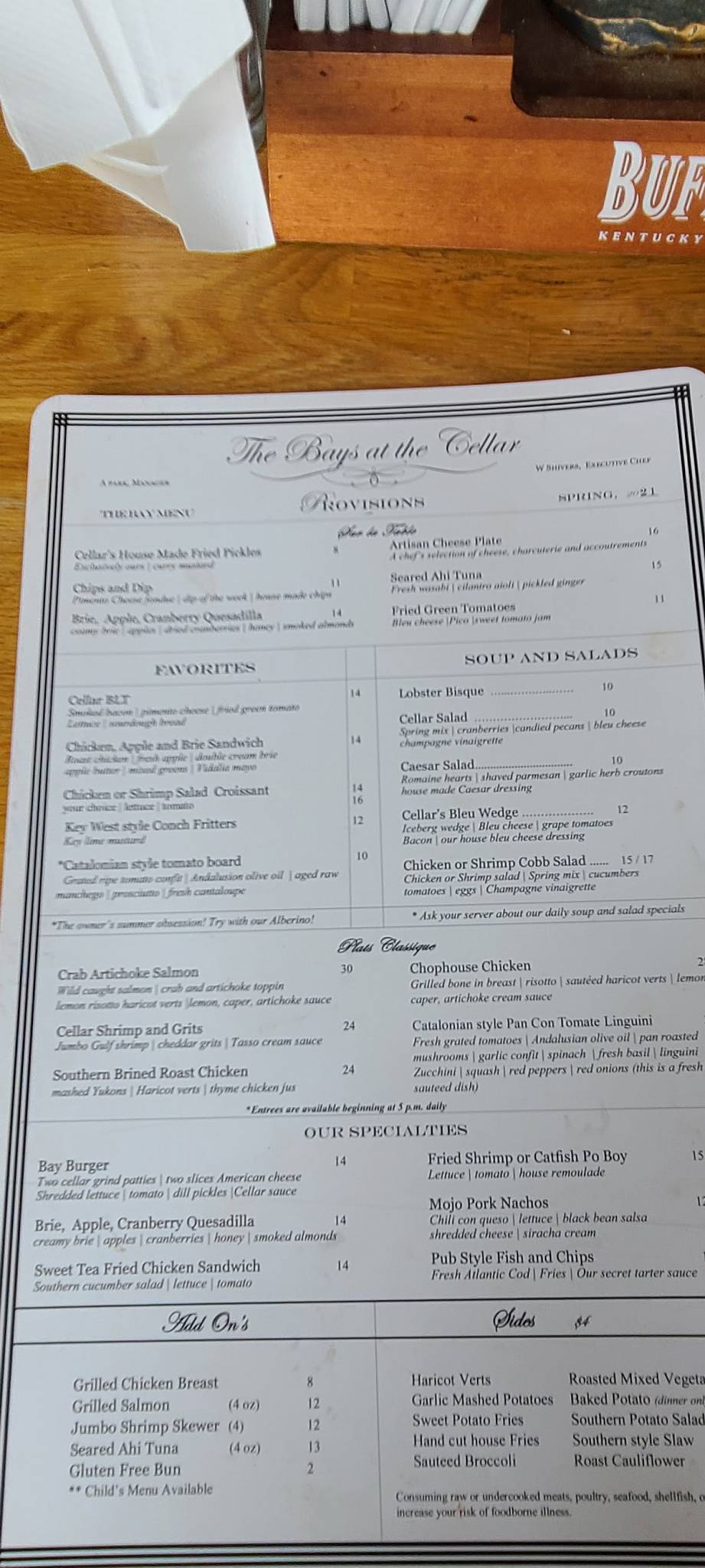 Menu at The Cellar restaurant, Newnan