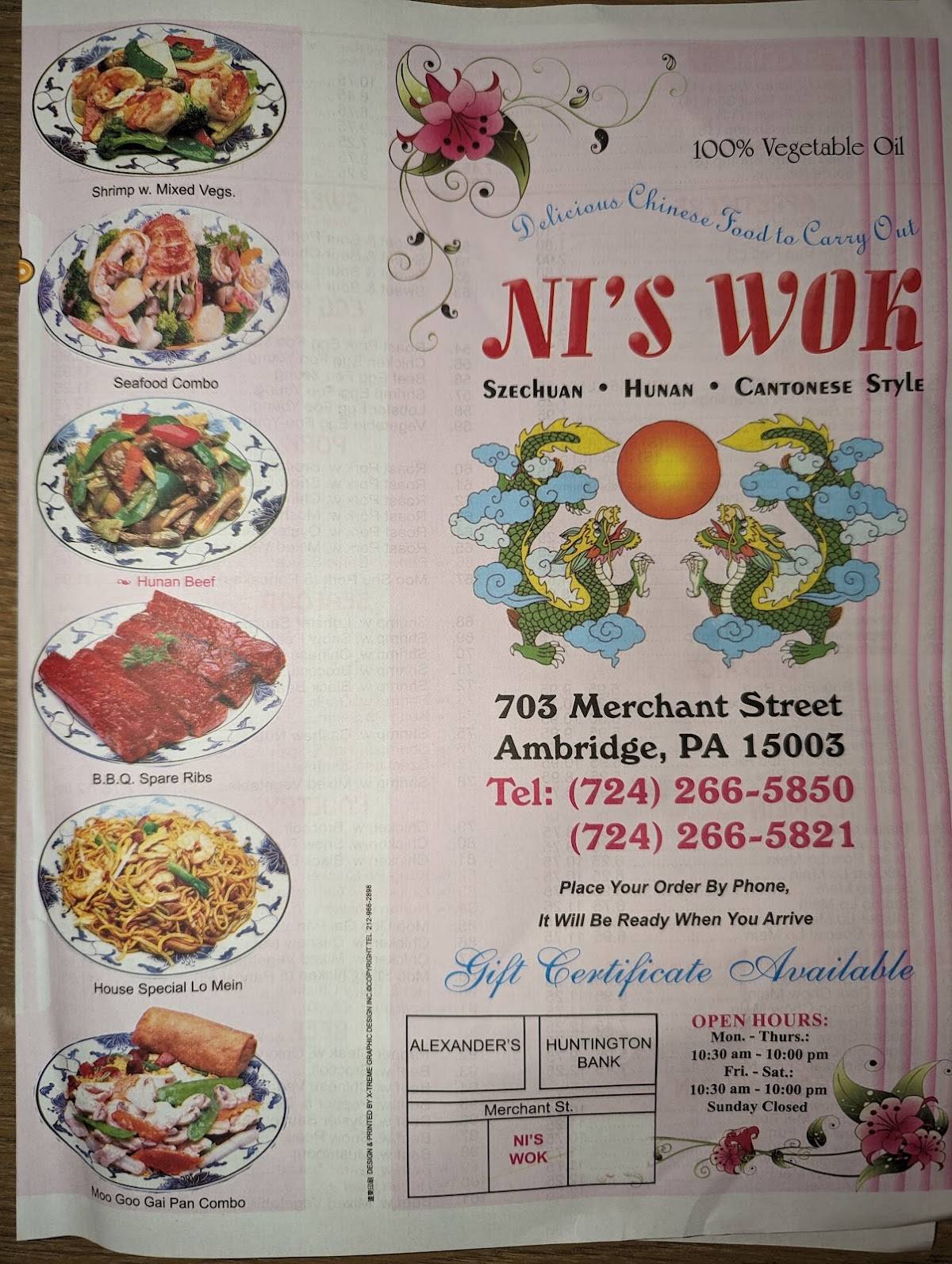 Menu at Ni's Wok restaurant, Ambridge