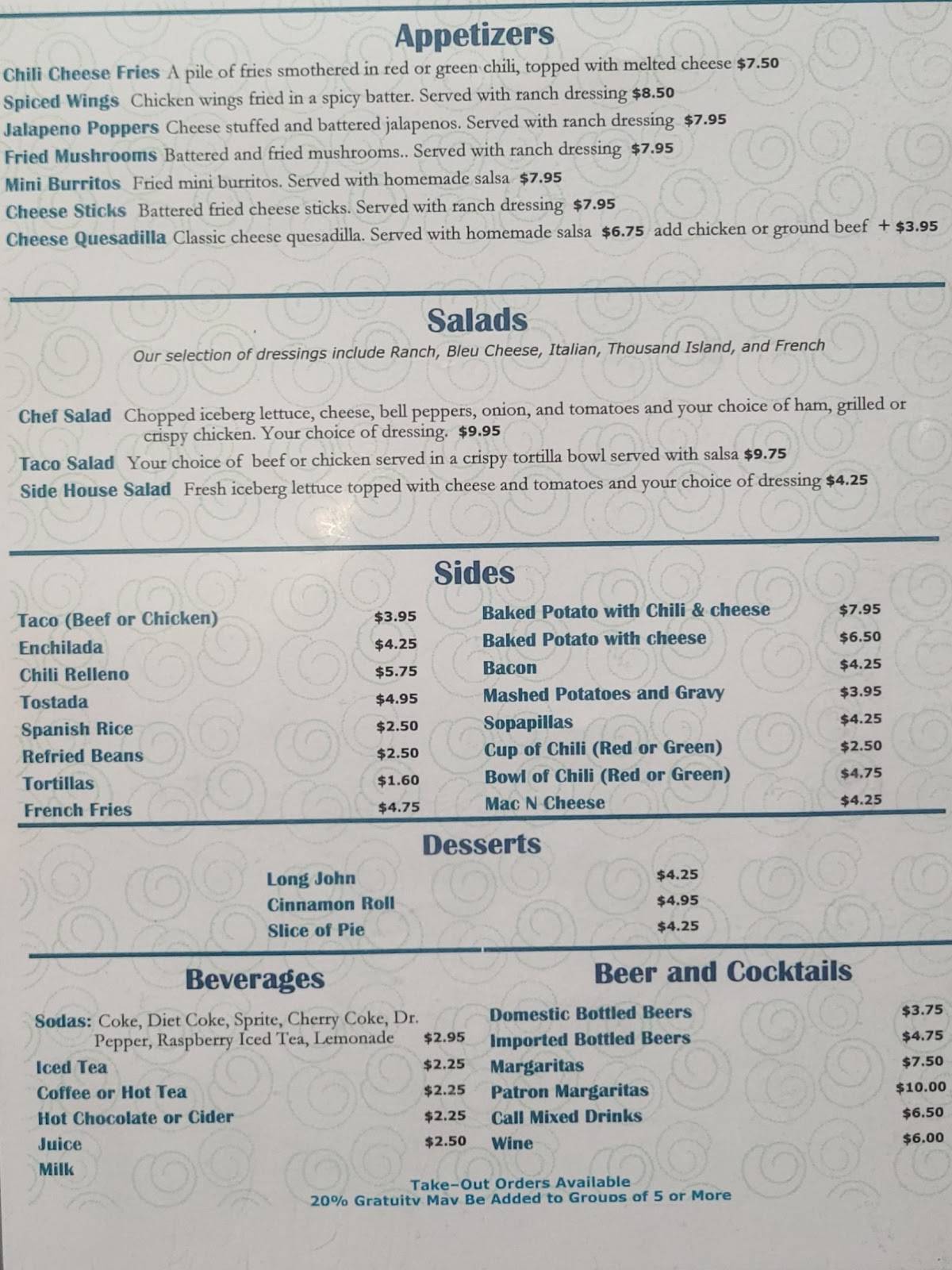 Menu at Oasis restaurant, Saguache