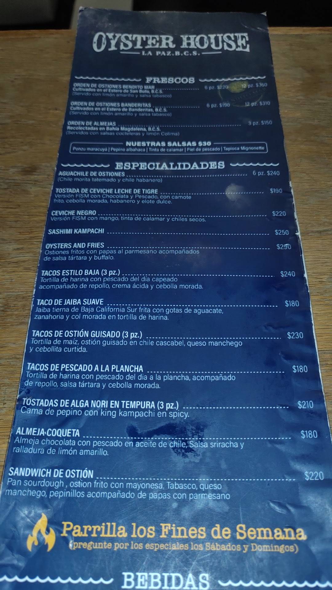 Menu at Oyster House restaurant, La Paz