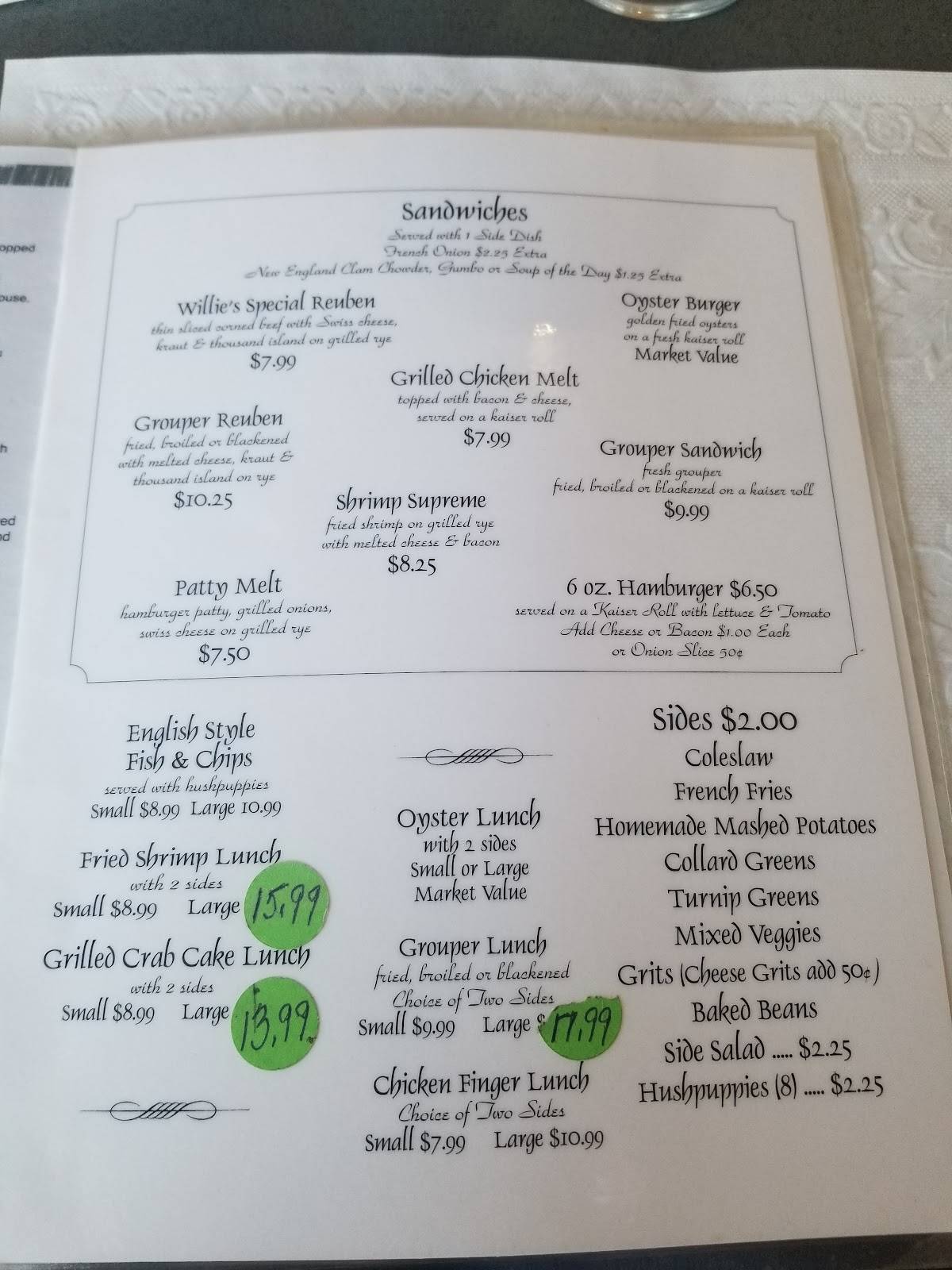 Menu at Oysters of Crystal River restaurant, Crystal River