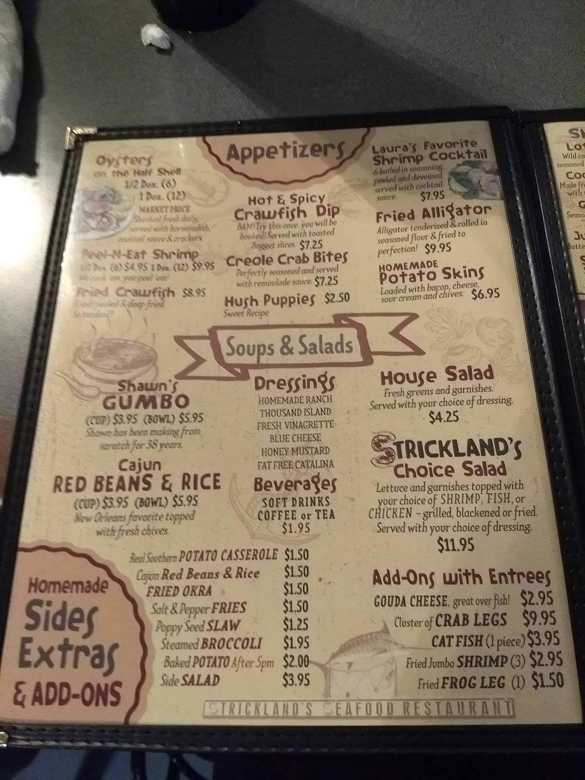 Menu at Strickland's Seafood Restaurant, Paducah