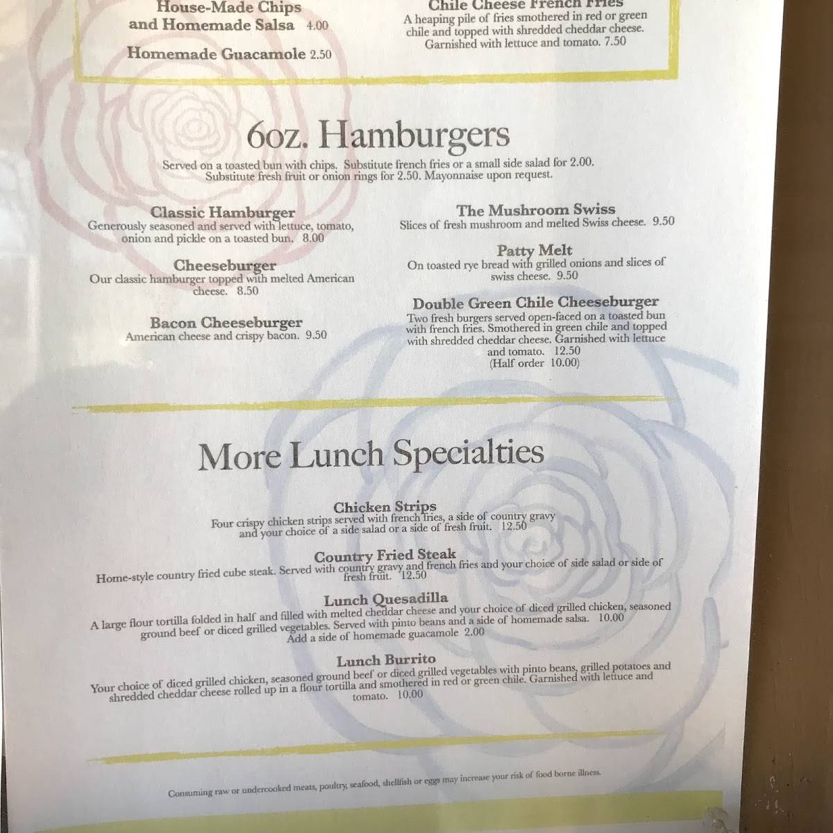 Menu at The Rose cafe, Pagosa Springs, 408 Pagosa St