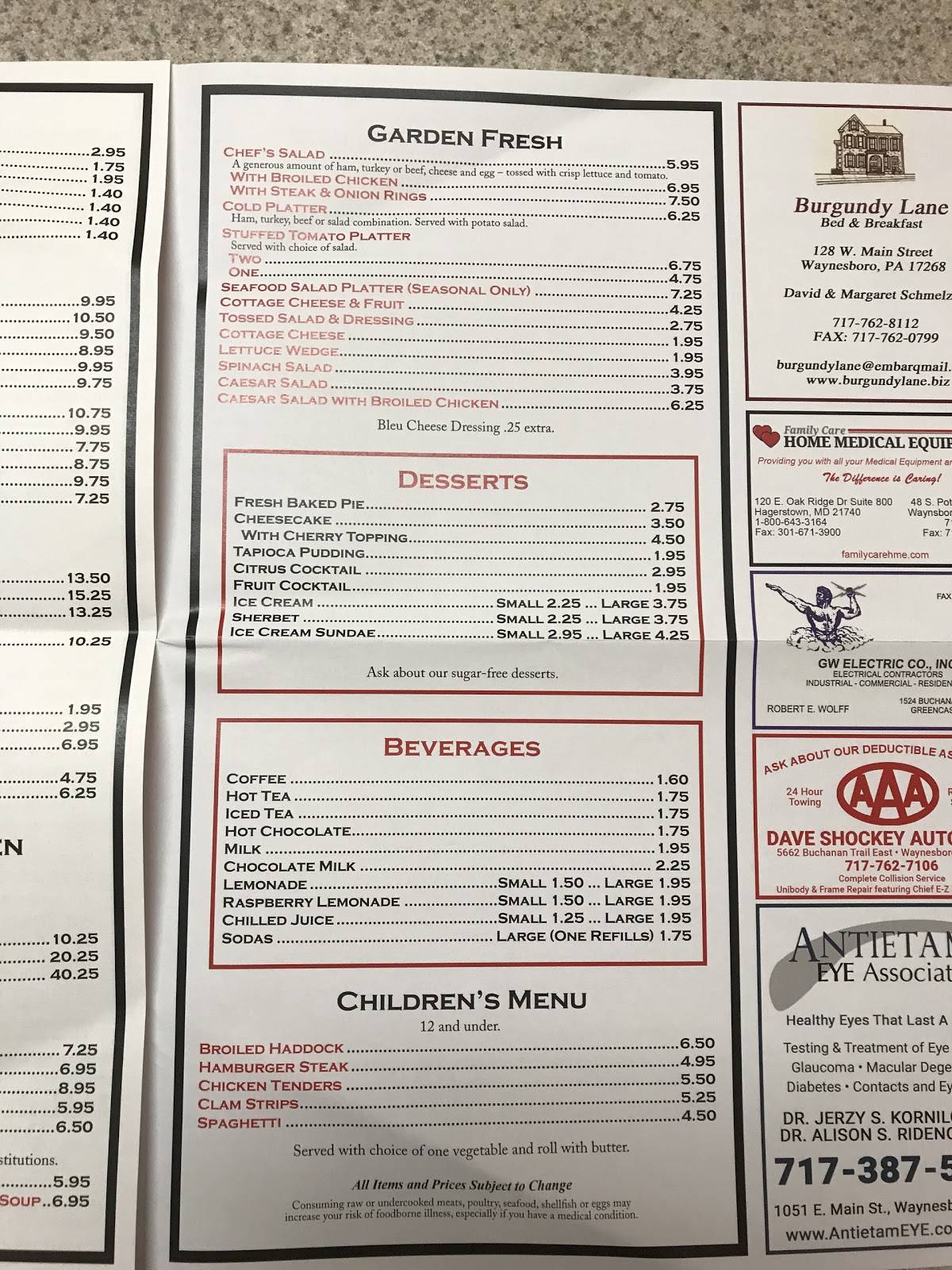 Menu at Parlor House restaurant, Waynesboro