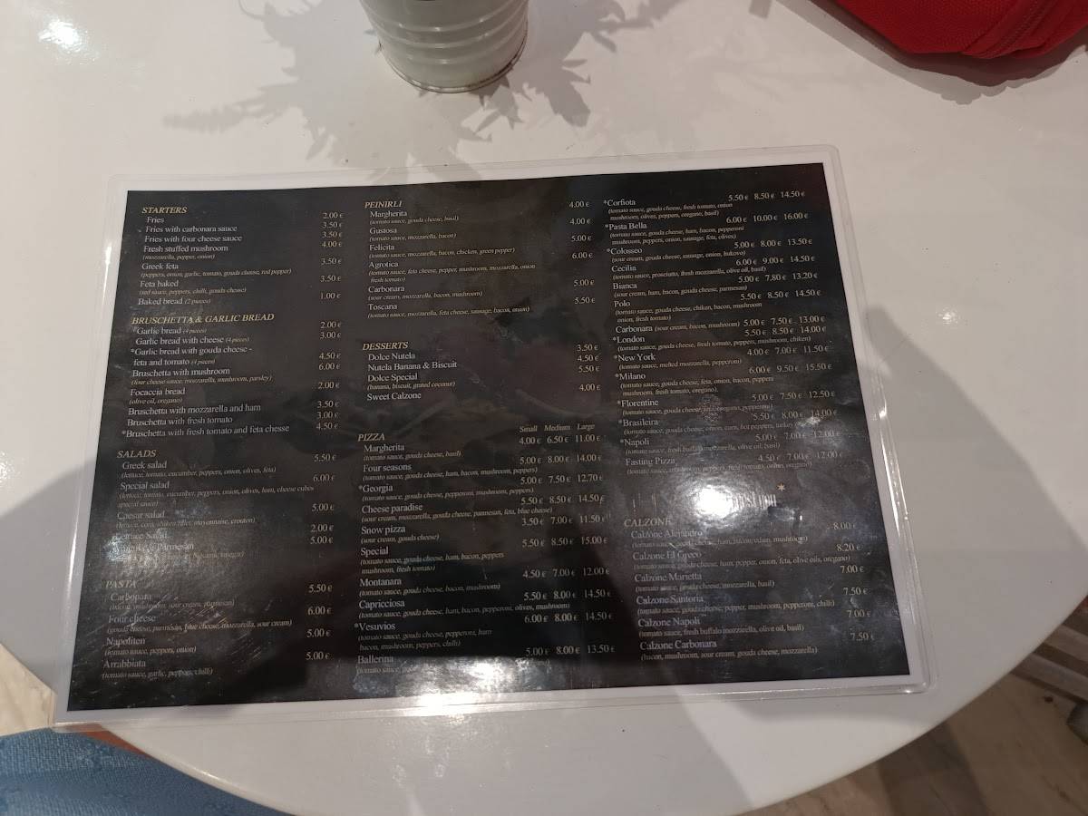 Menu at Pasta Bella, Corfu