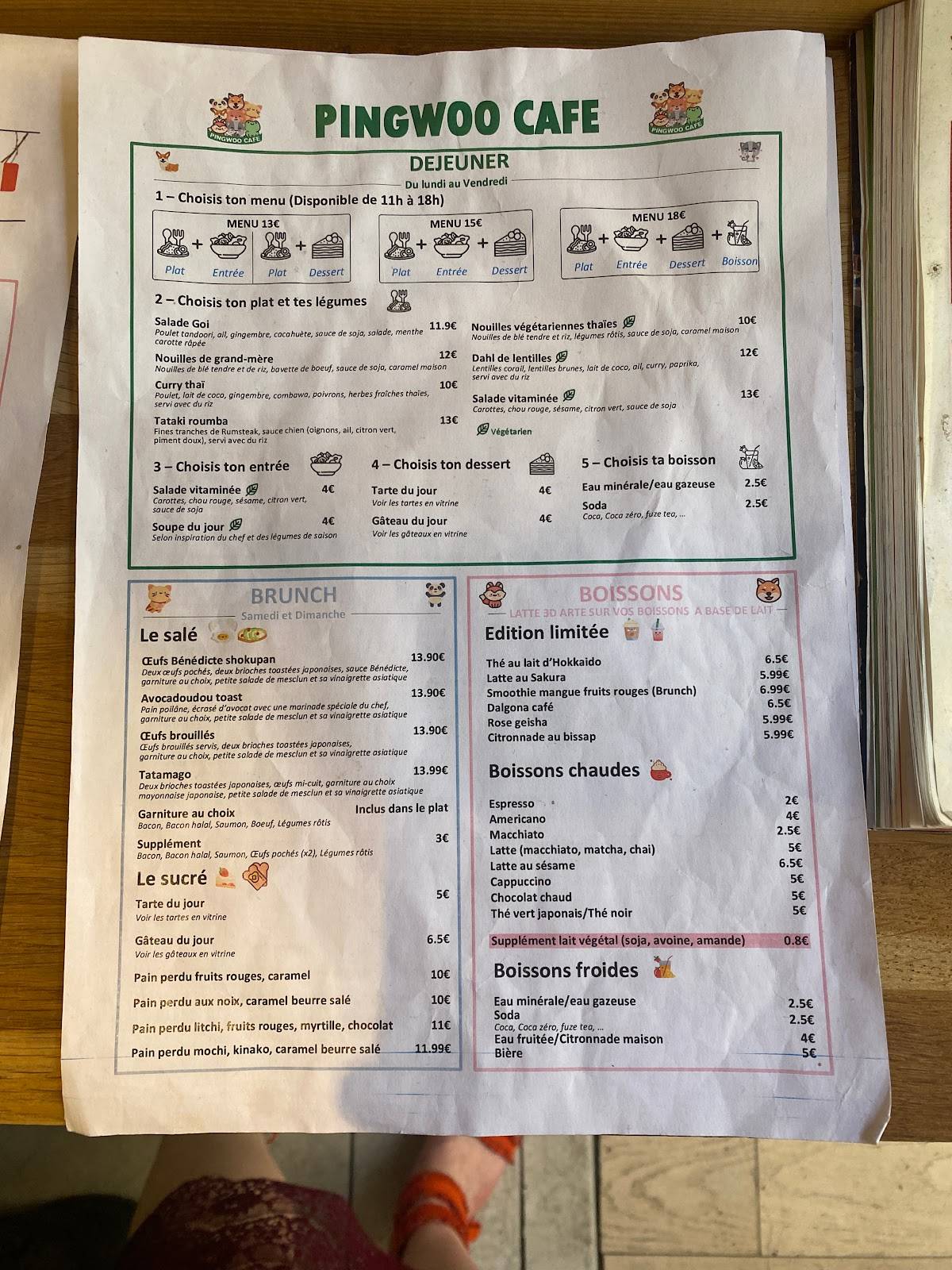 Menu at Pingwoo cafe, Paris