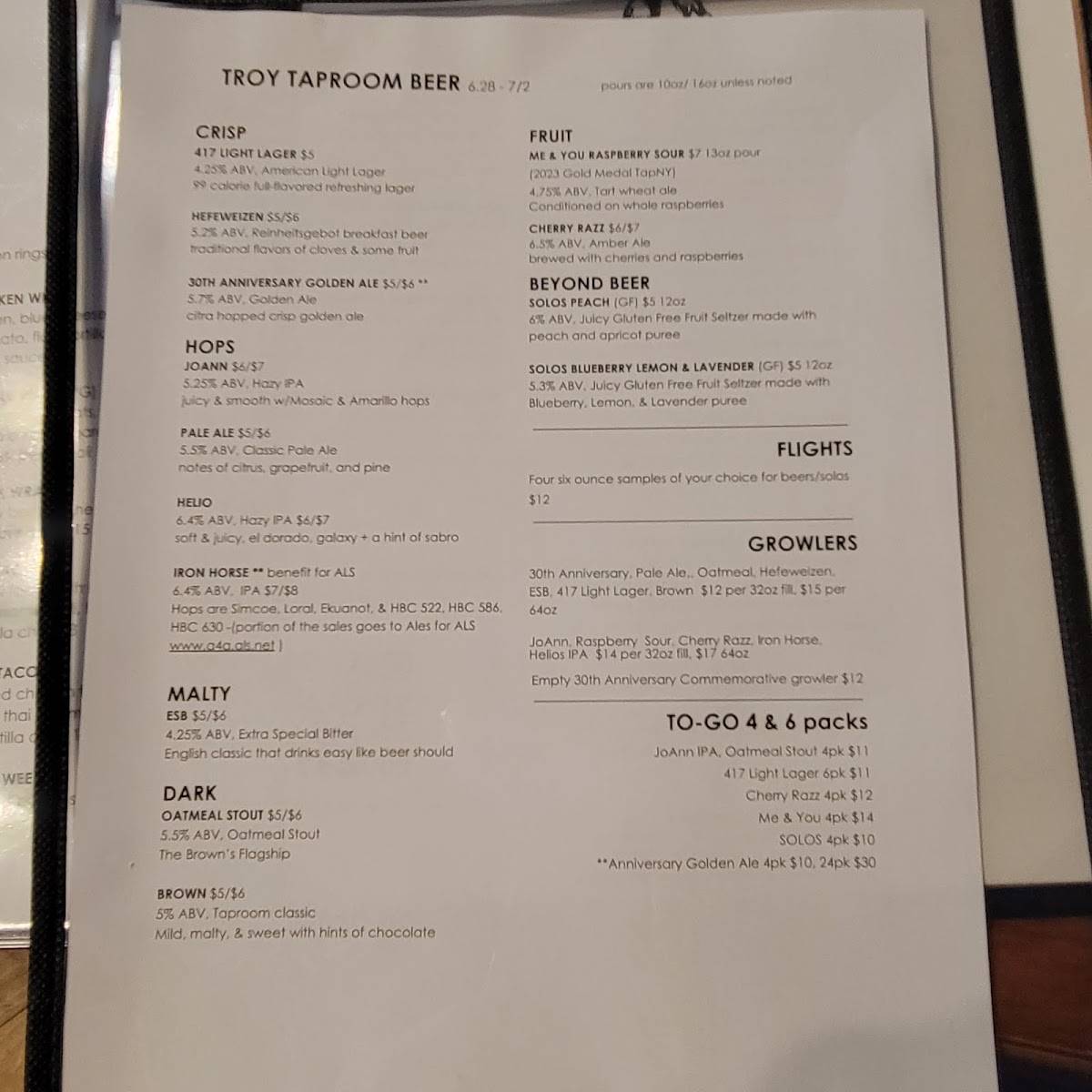 Menu at Brown's Brewing Company's Troy Taproom and Brewery pub & bar, Troy
