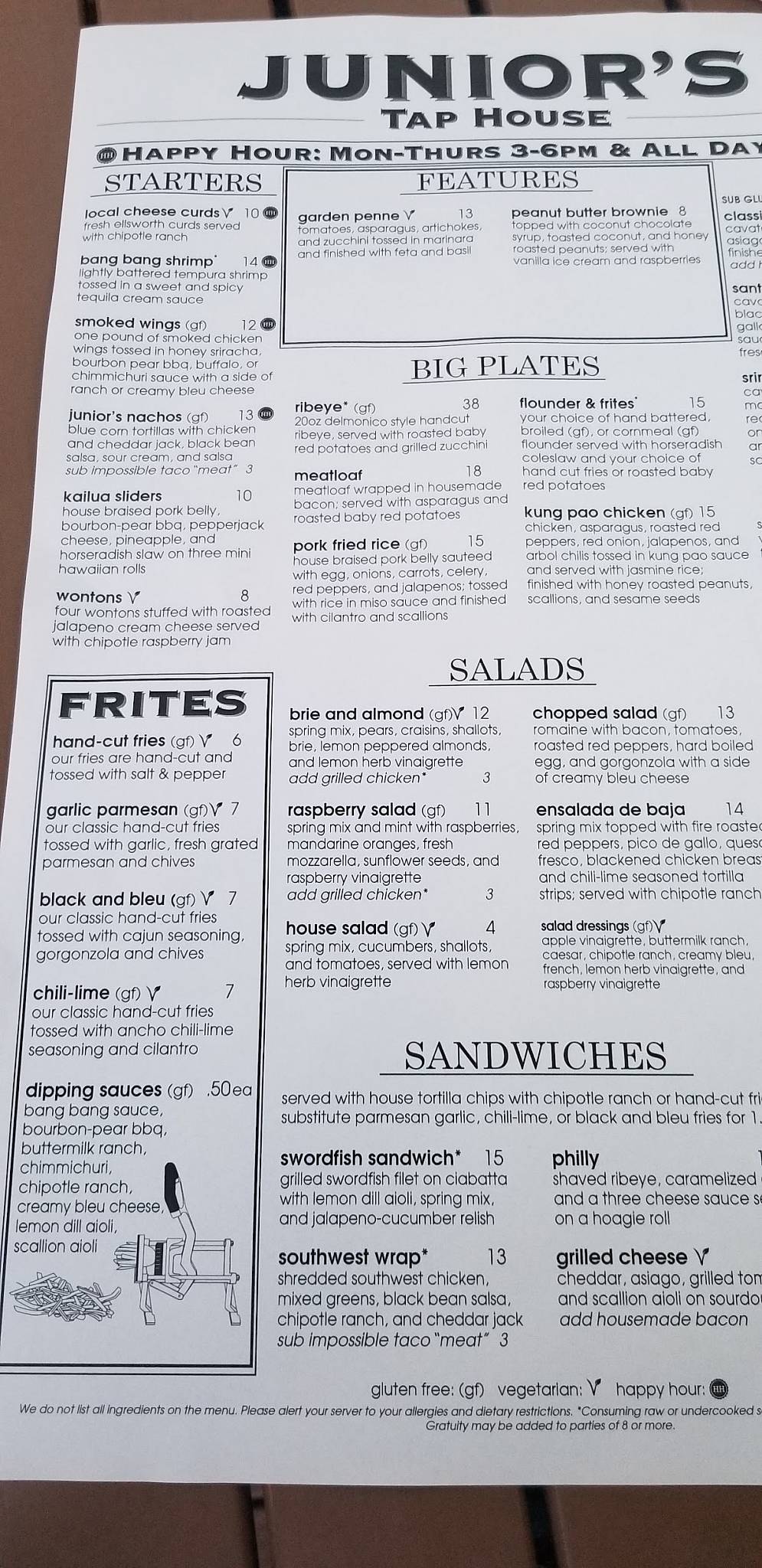 Menu at Junior's Restaurant & Tap House, River Falls