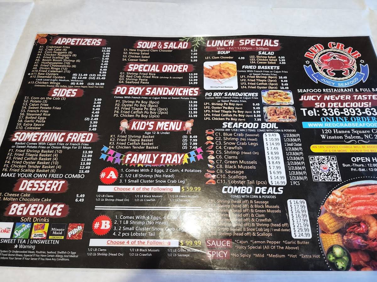 Menu at Red Crab Juicy Seafood pub & bar, WinstonSalem
