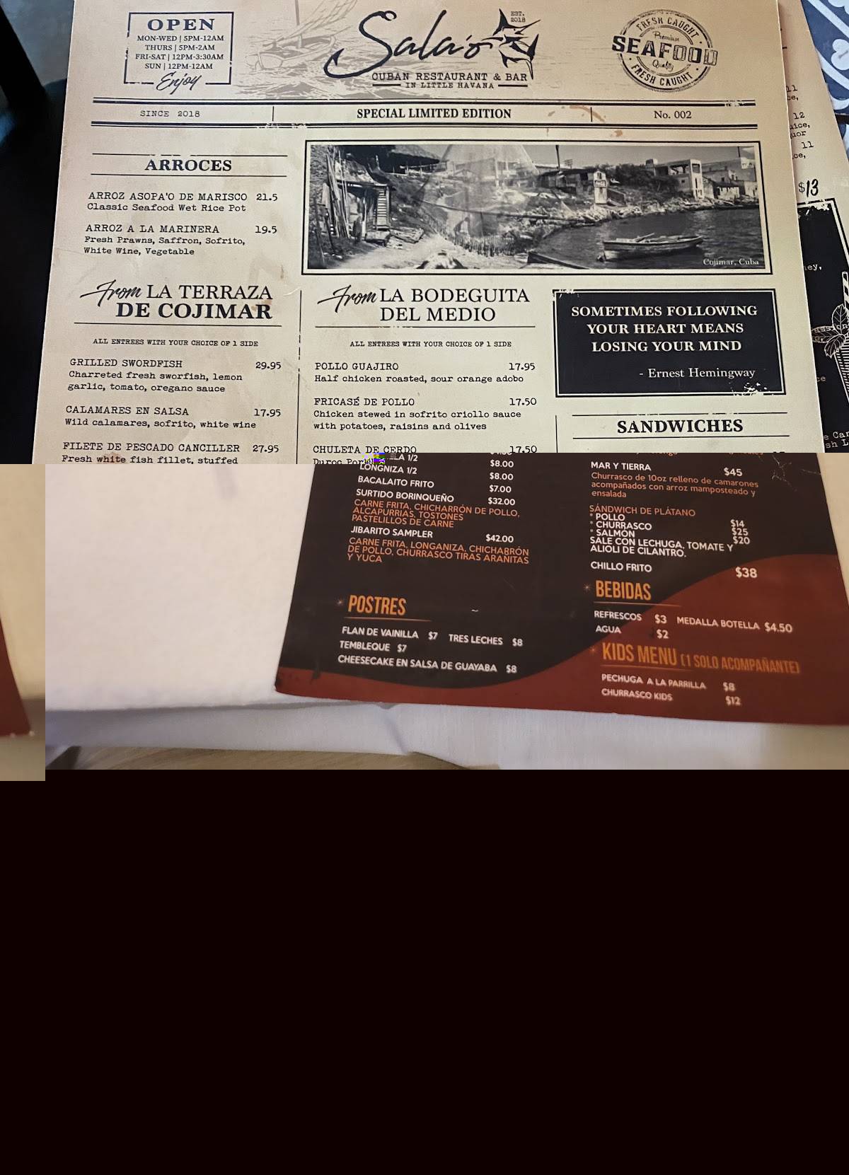 Menu at Sala'o Cuban Restaurant & Bar Live music, Miami