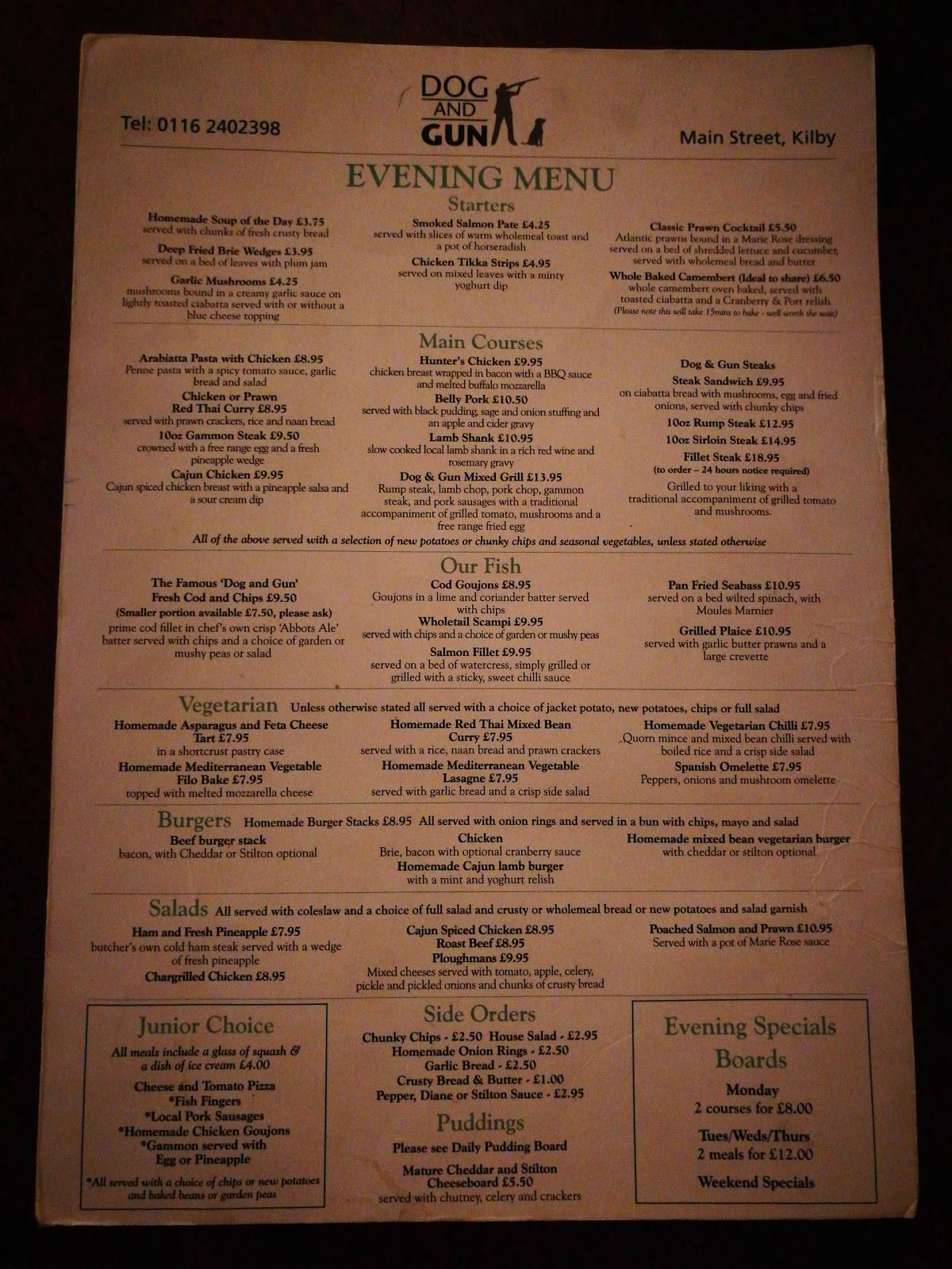 Menu at The Dog & Gun Kilby pub & bar, Wigston, Main St