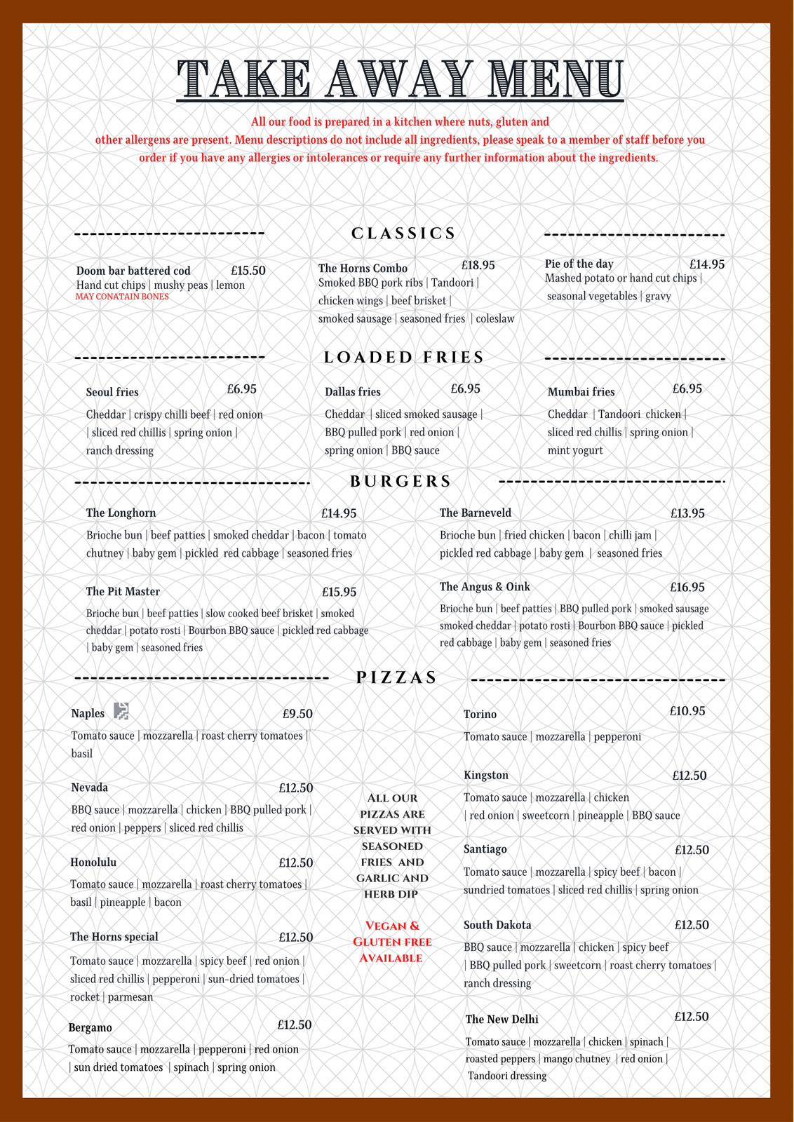 Menu at The Horns Inn, Slitting Mill pub & bar, Rugeley