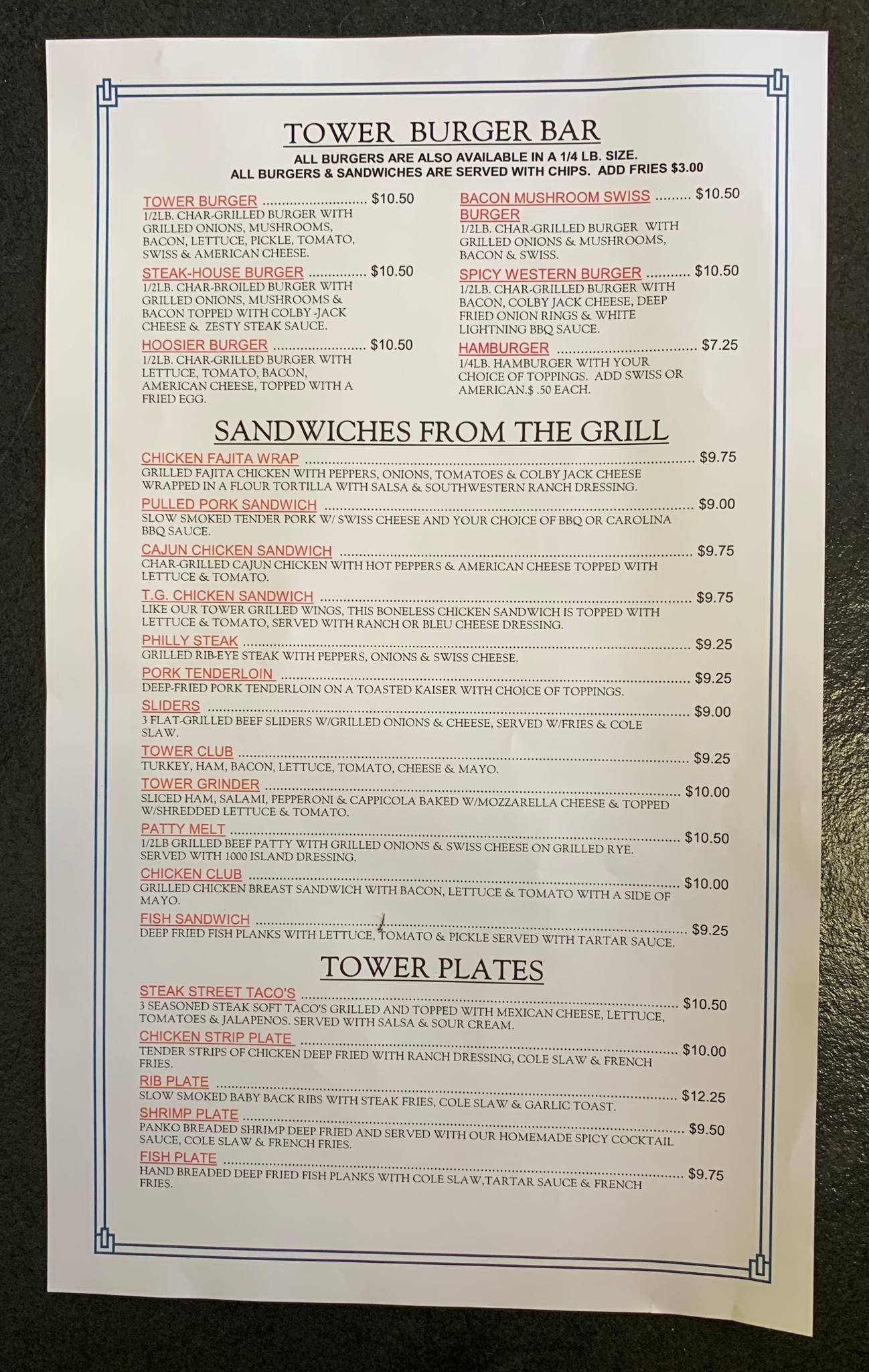 Menu at The Tower Bar & Grill, Fort Wayne