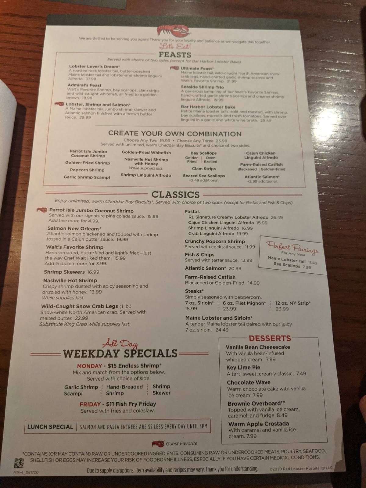 Menu at Red Lobster restaurant, Asheville, 139 Tunnel Rd