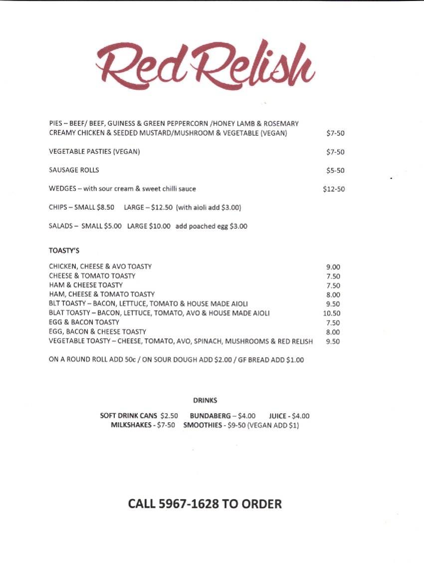 Menu at Red Relish Cafe, Yarra Junction