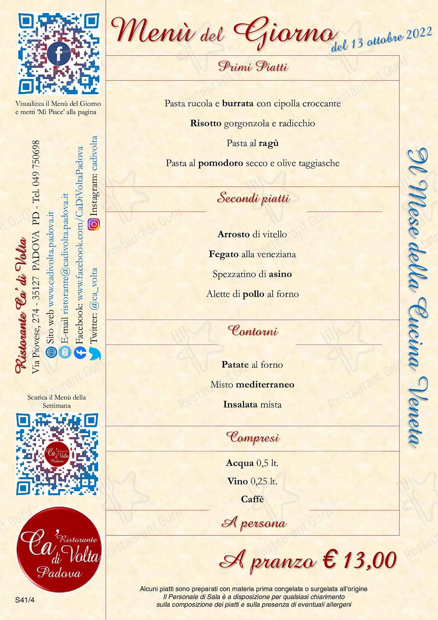 Menu de Ca' di Volta