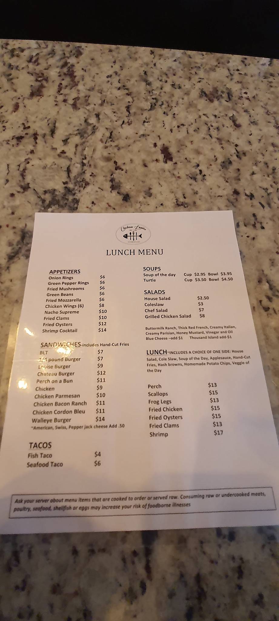 Menu At Chateau Louise Restaurant, Luna Pier, Luna Pier Rd