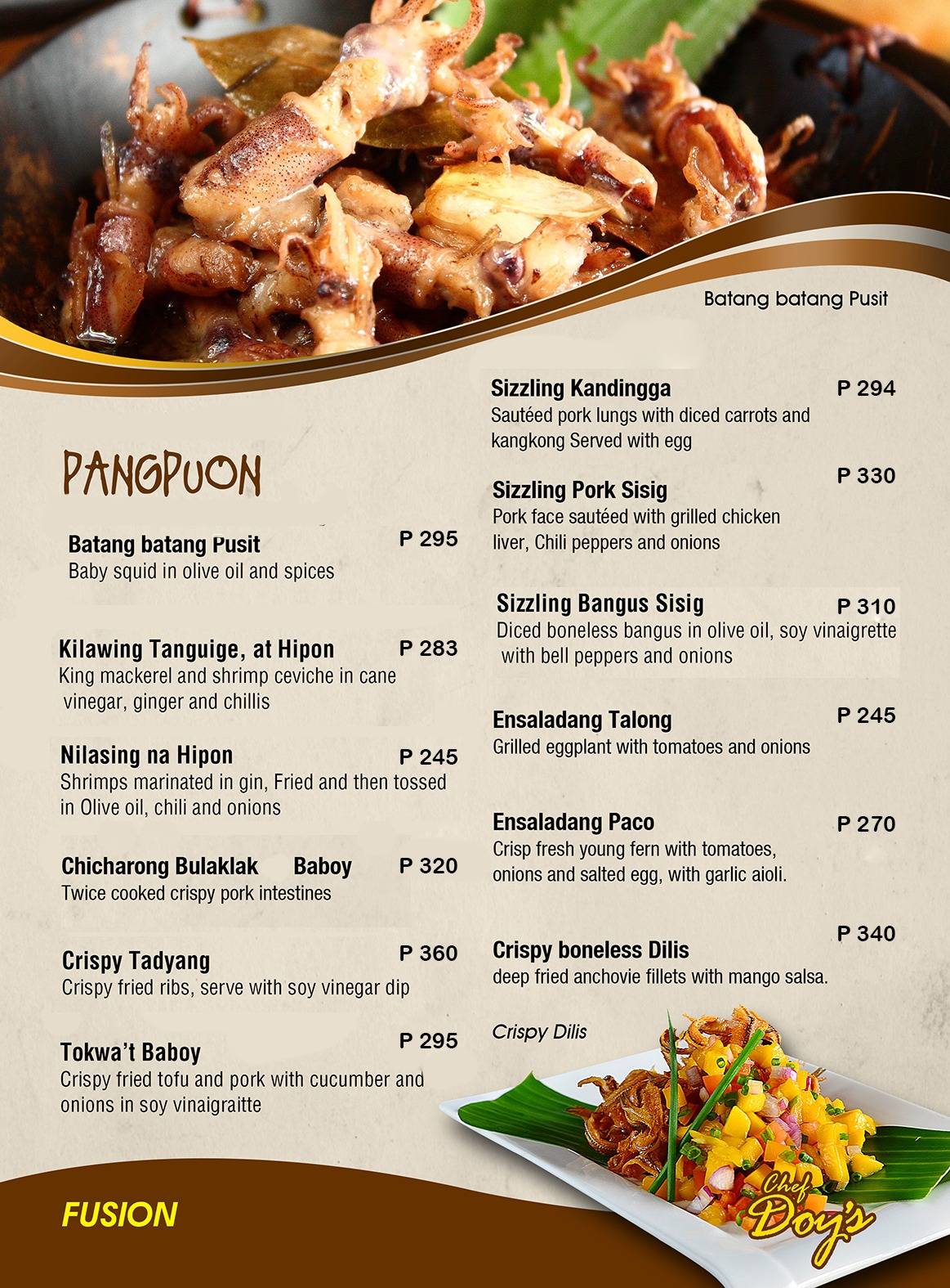 Menu at Chef Doy’s restaurant, Naga