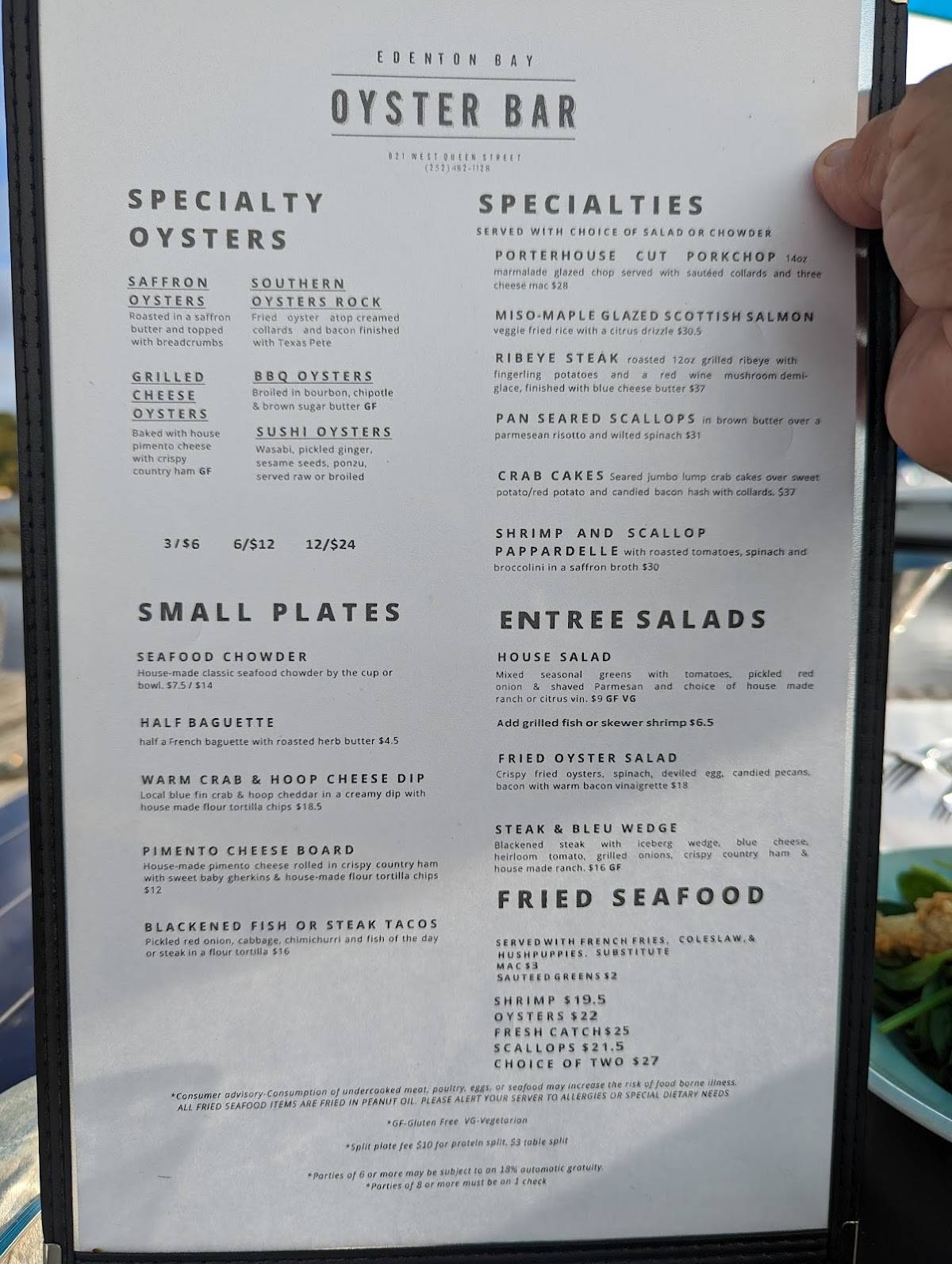 Menu at Edenton Bay Oyster Bar, Edenton