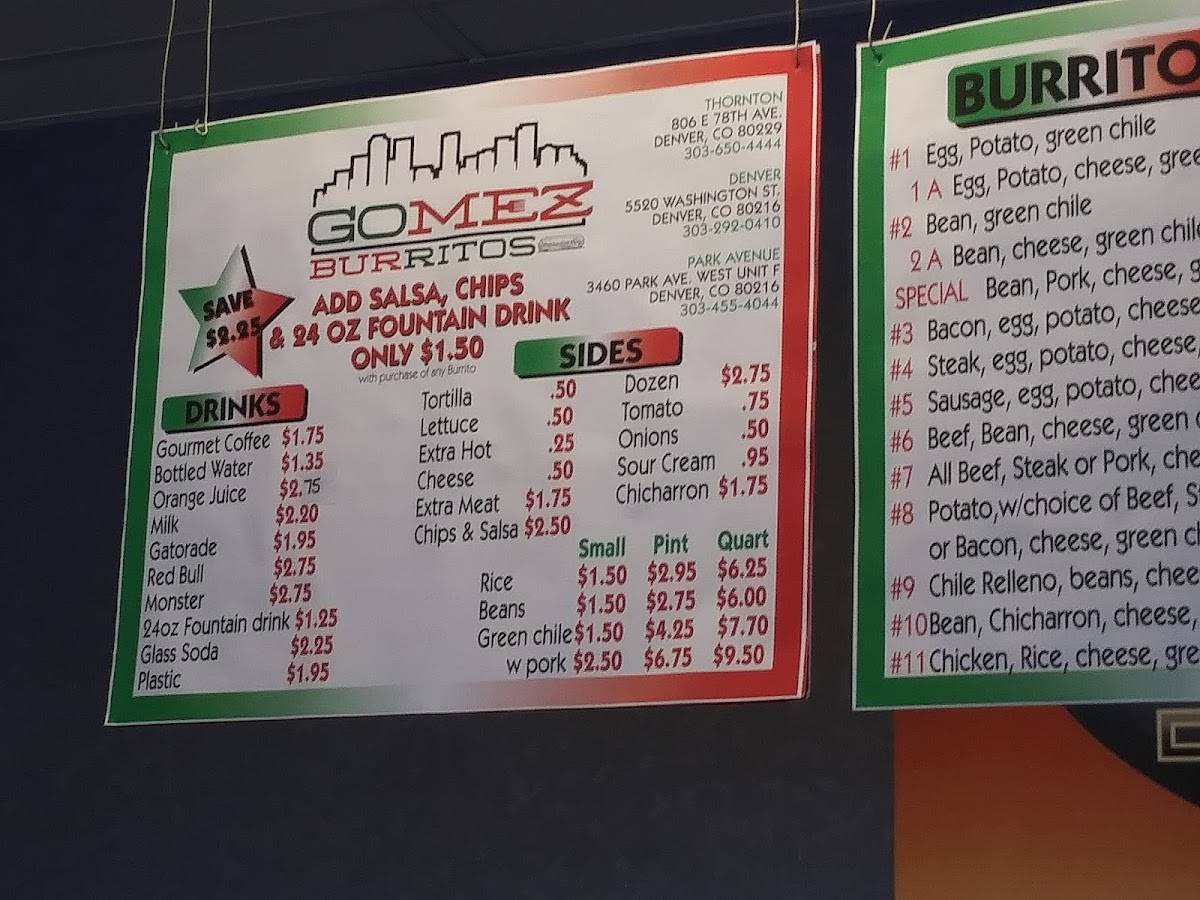 Menu at Gomez Burritos restaurant, Denver, Park Ave W