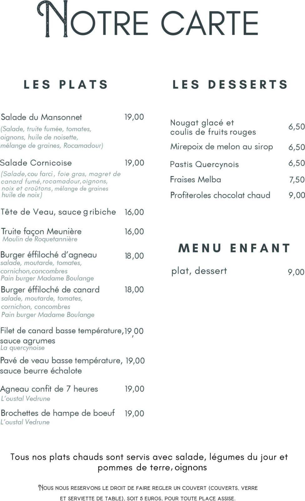 Menu au Le Mansonnet restaurant, Corn