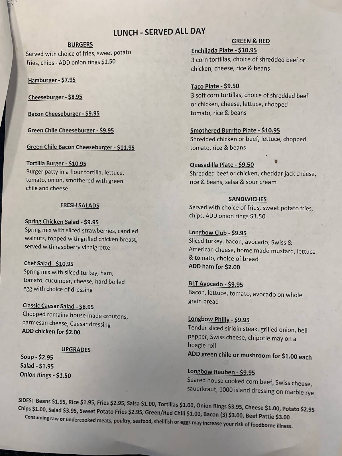 Menu at Longbow Diner restaurant, Rio Communities