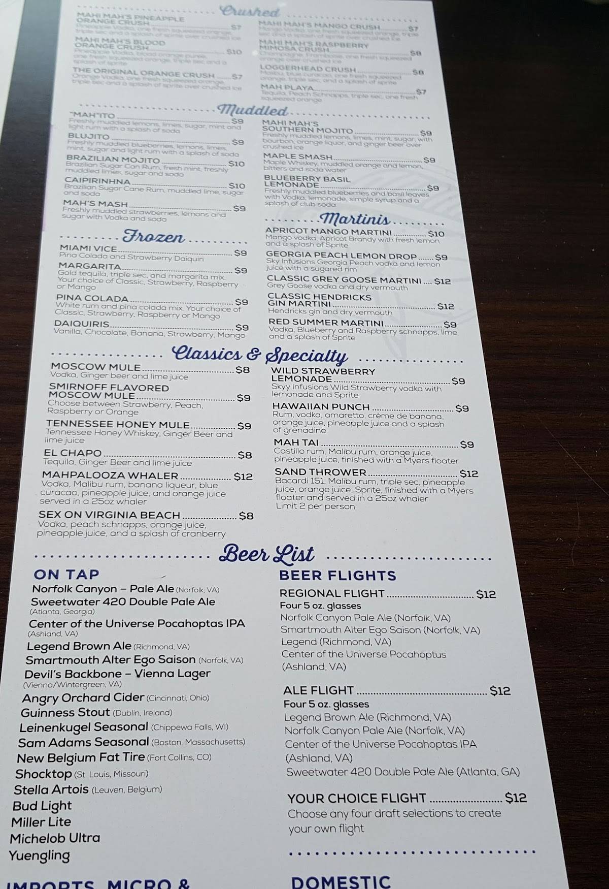 Menu at Mahi's restaurant, Virginia Beach